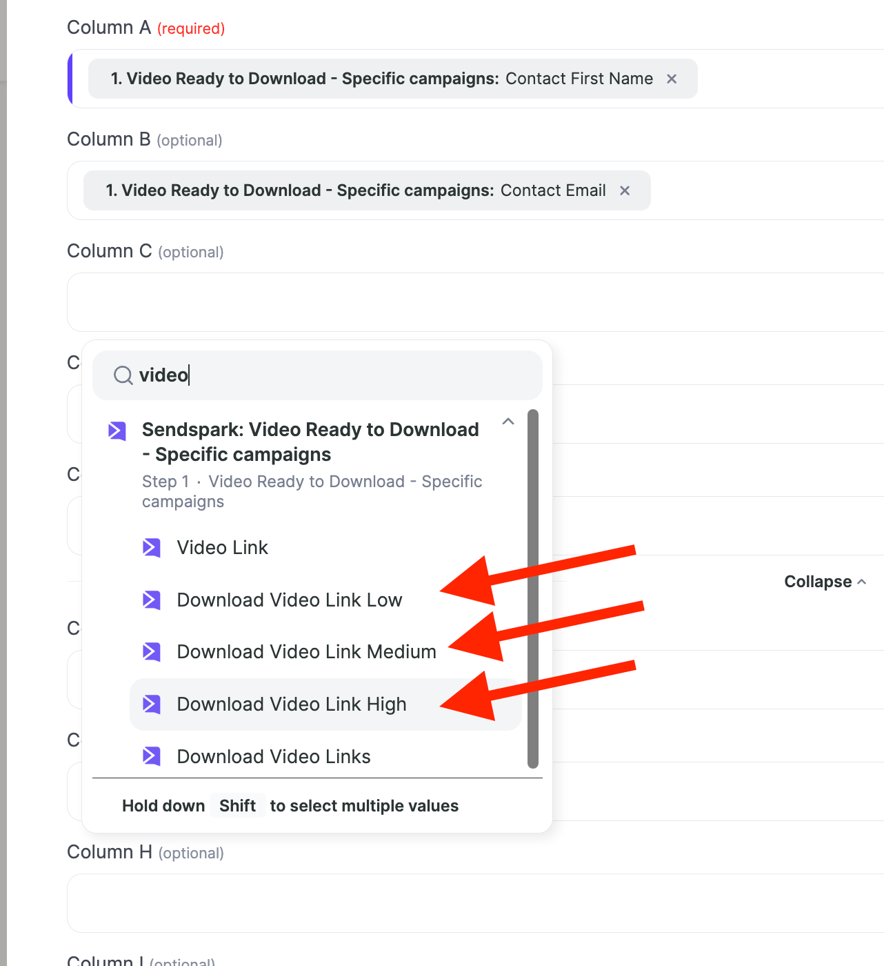 Column mapping interface displaying First name Email and video quality resolution fields
