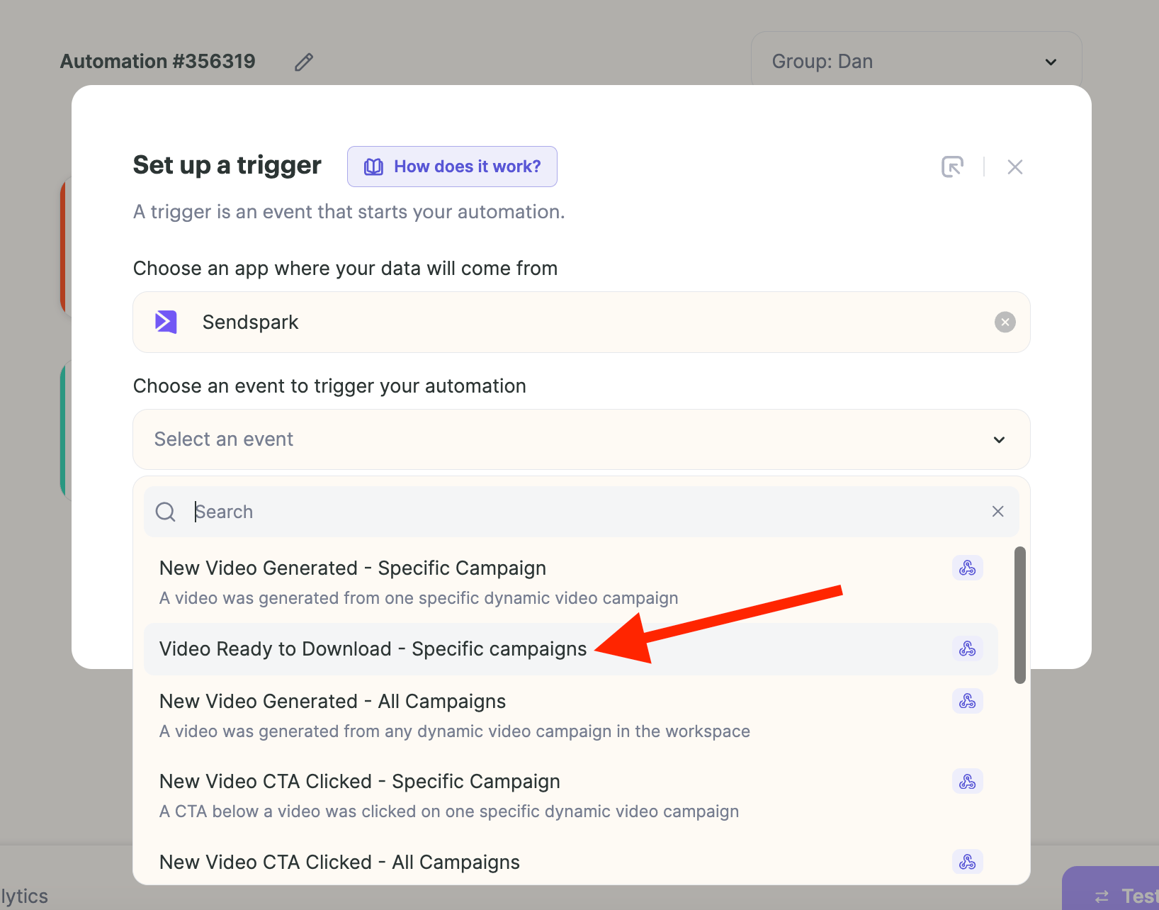Agentic Workflows trigger setup showing VIDEO READY TO DOWNLOAD event selection