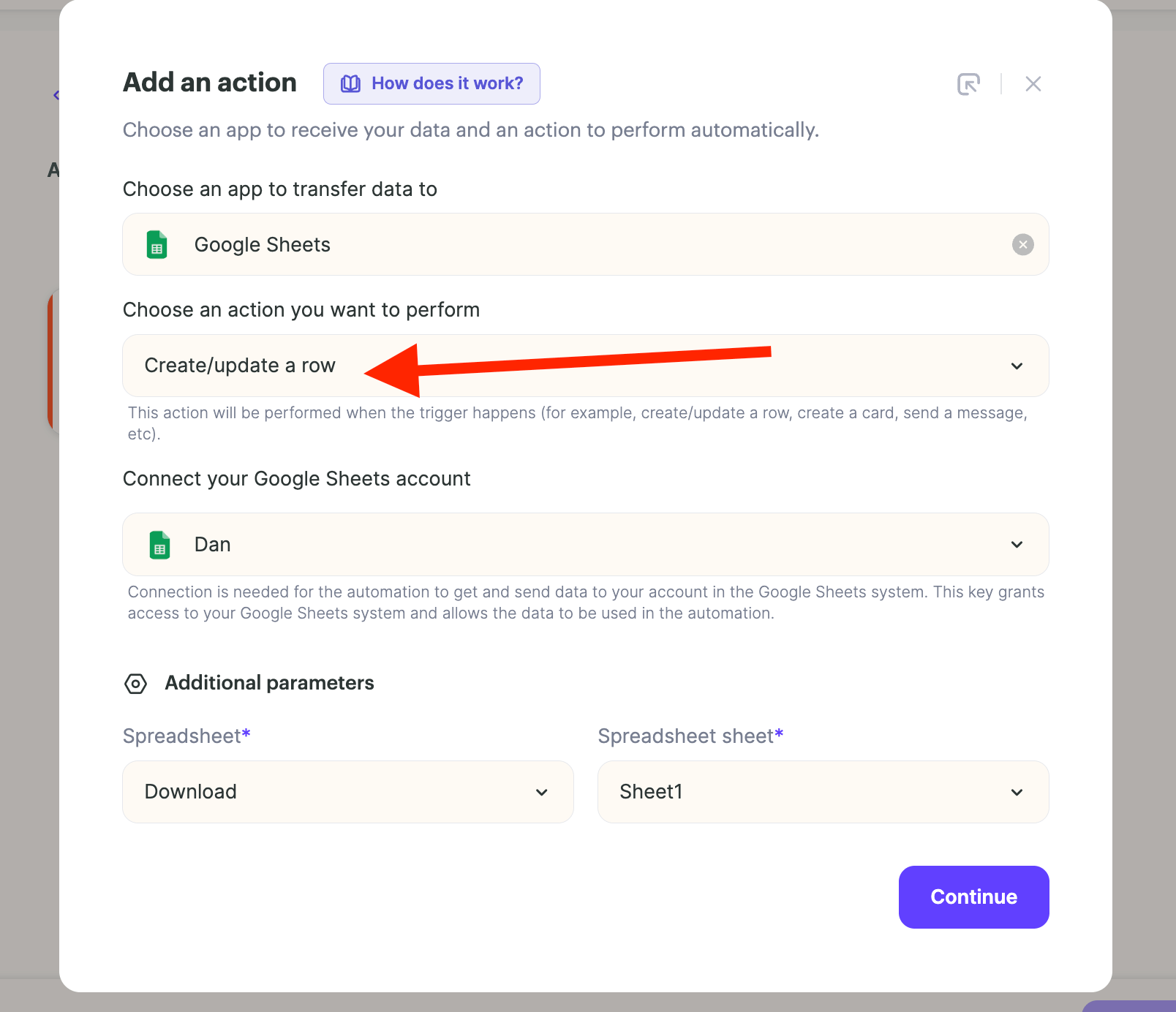 Google Sheets action panel with ADD UPDATE A ROW option selected