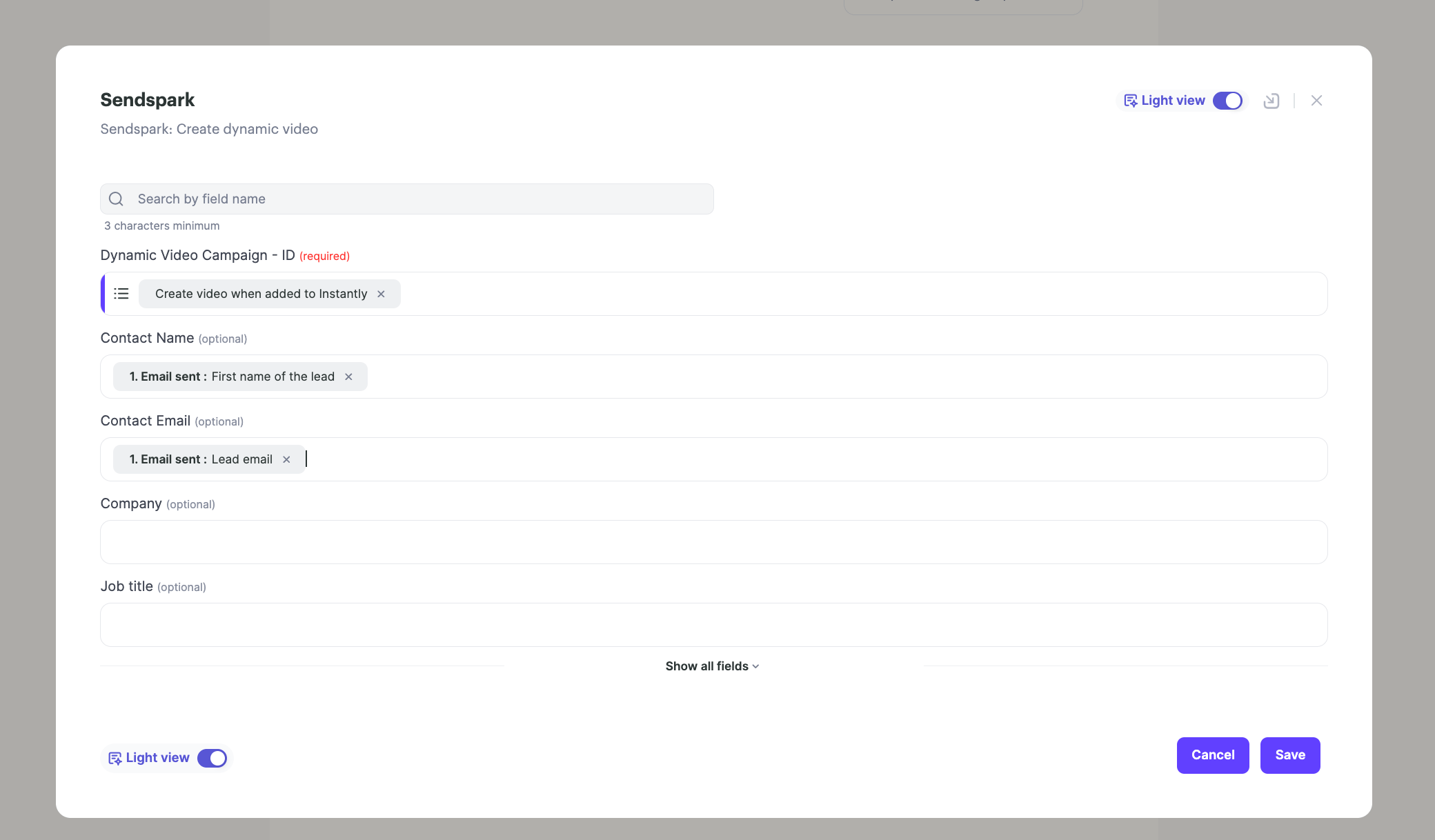 Sendspark Create Dynamic Video action with field mapping configuration