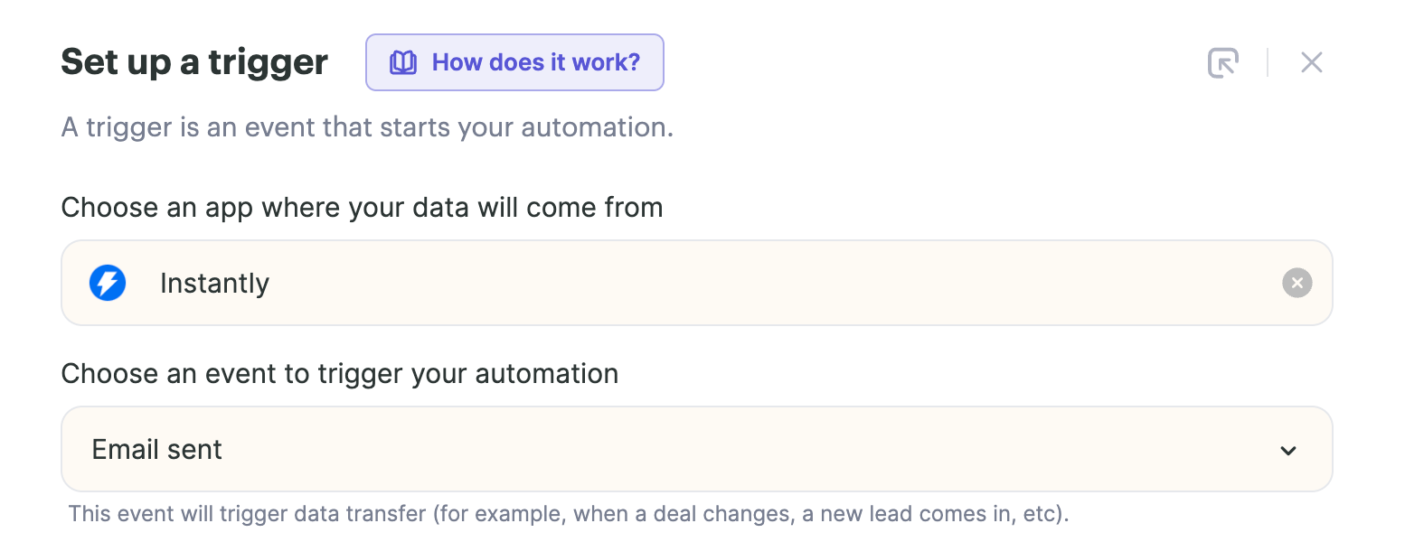 Sendspark trigger selection menu showing Instantly and Email Sent options