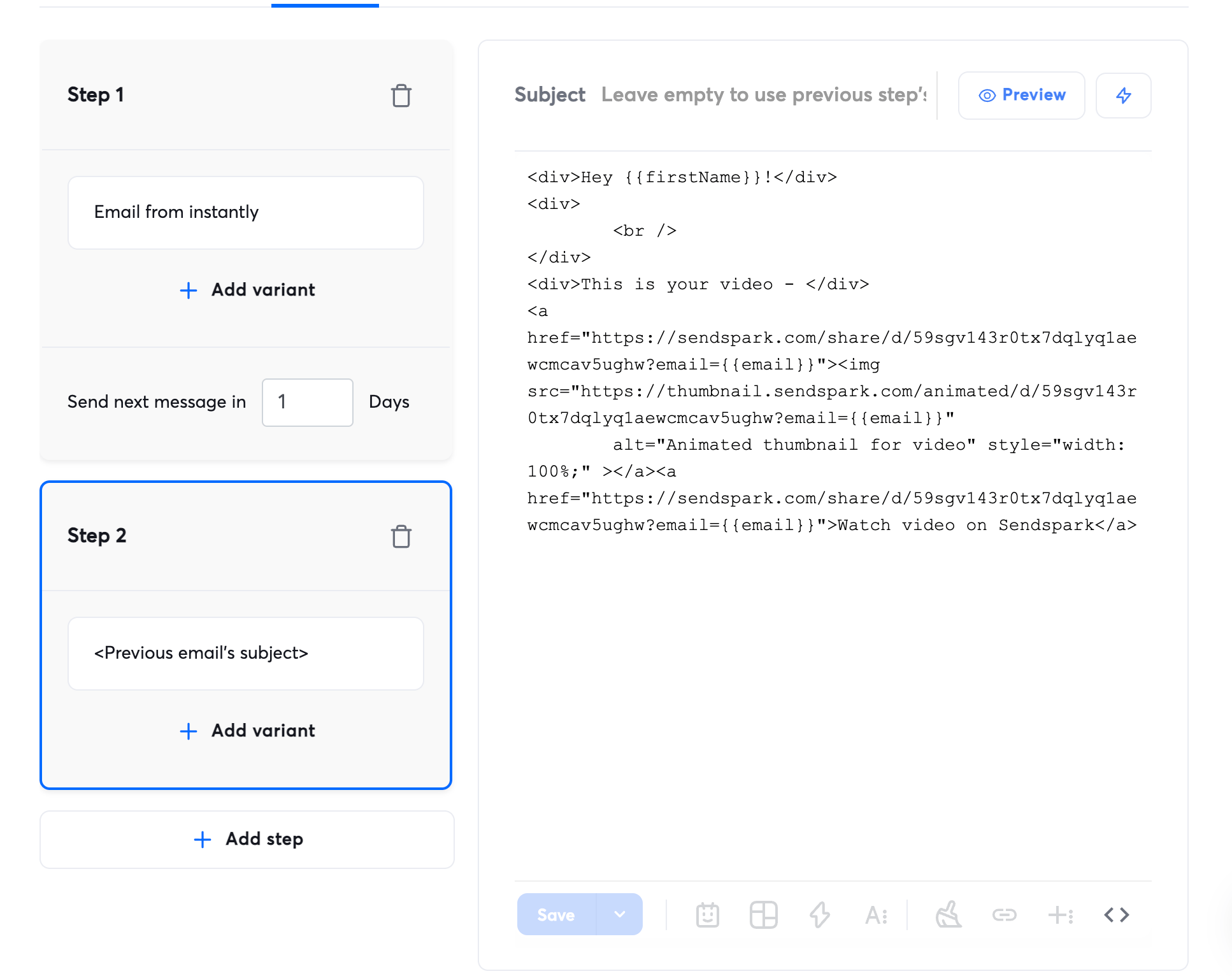 Instantly email template code view toggle button