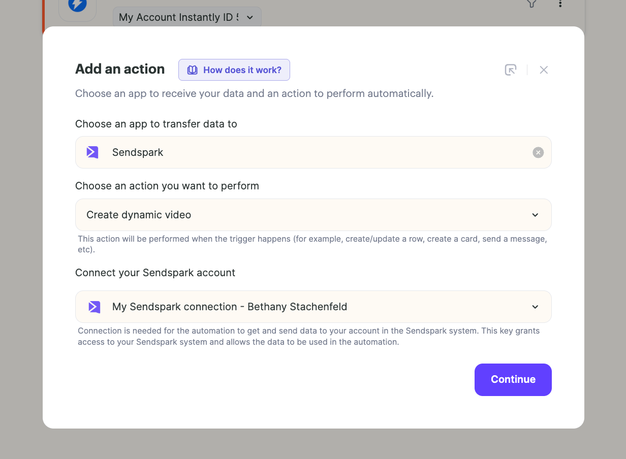 Sendspark action selection menu for Create Dynamic Video option