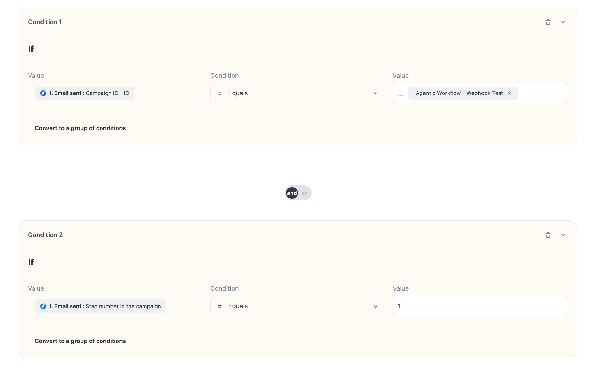 Sendspark workflow filter settings for campaign ID and email step