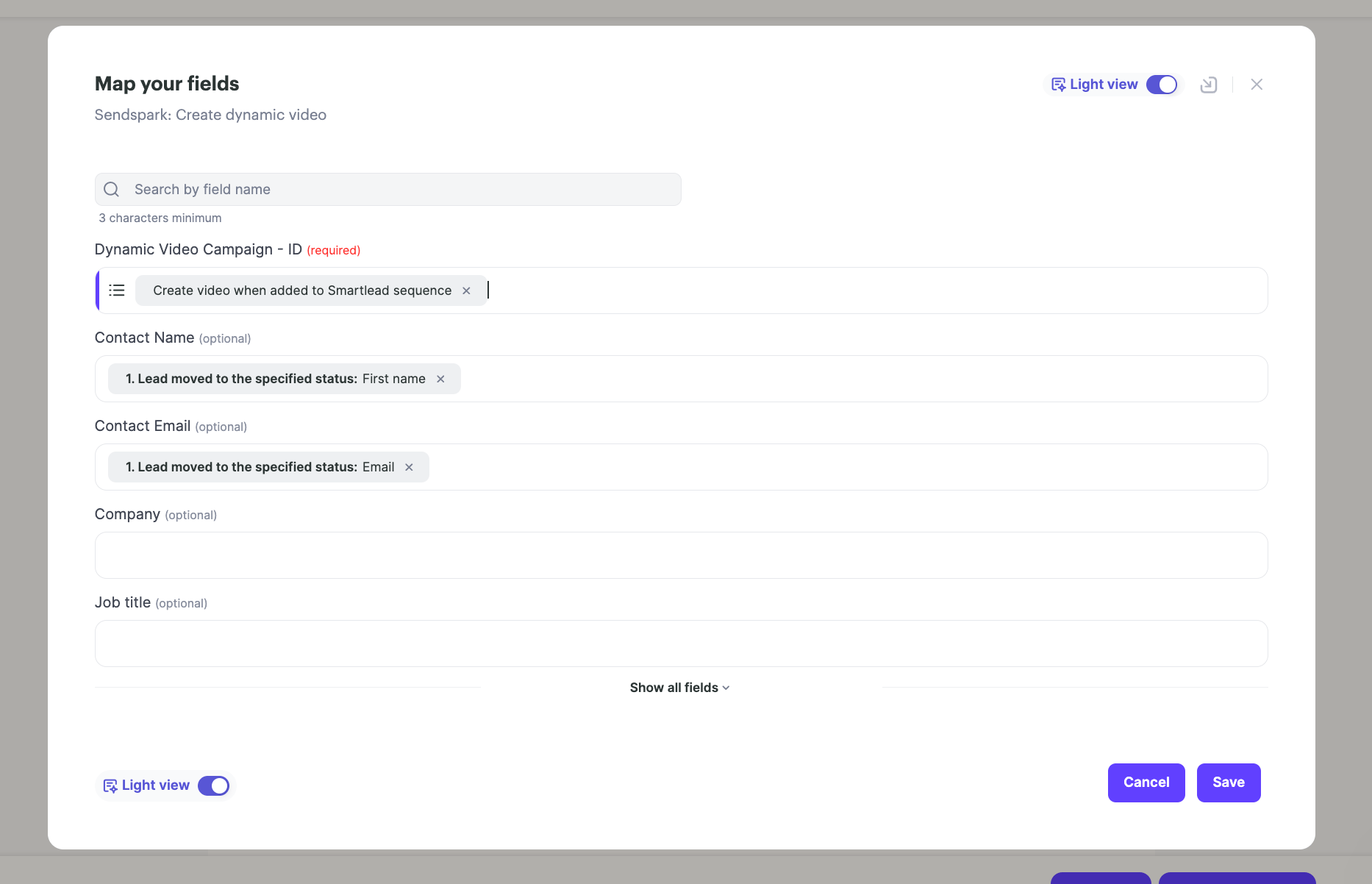 Dynamic video campaign field mapping interface with Smartlead lead data fields