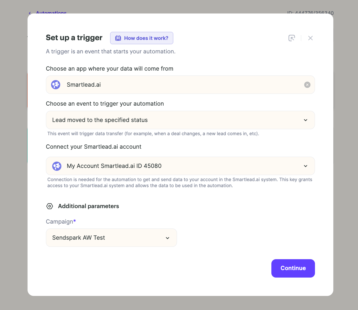 Sendspark Agentic Workflow trigger settings showing Smartlead campaign selection dropdown
