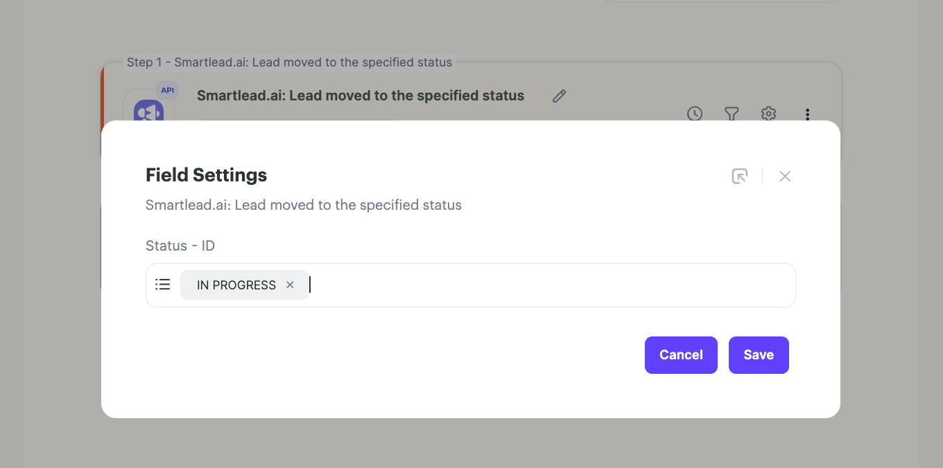 Workflow trigger status configuration panel with In Progress status option selected