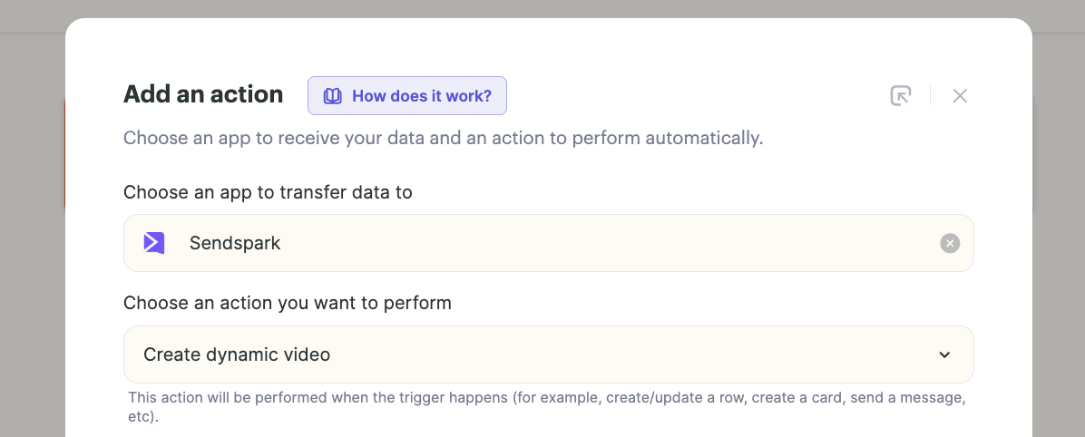 Sendspark action menu displaying Create Dynamic Video option for workflow automation