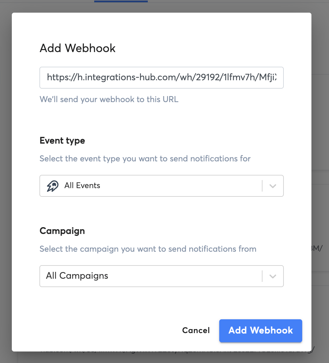 Instantly Settings page showing Webhooks section with Add Webhook button and Event Types options