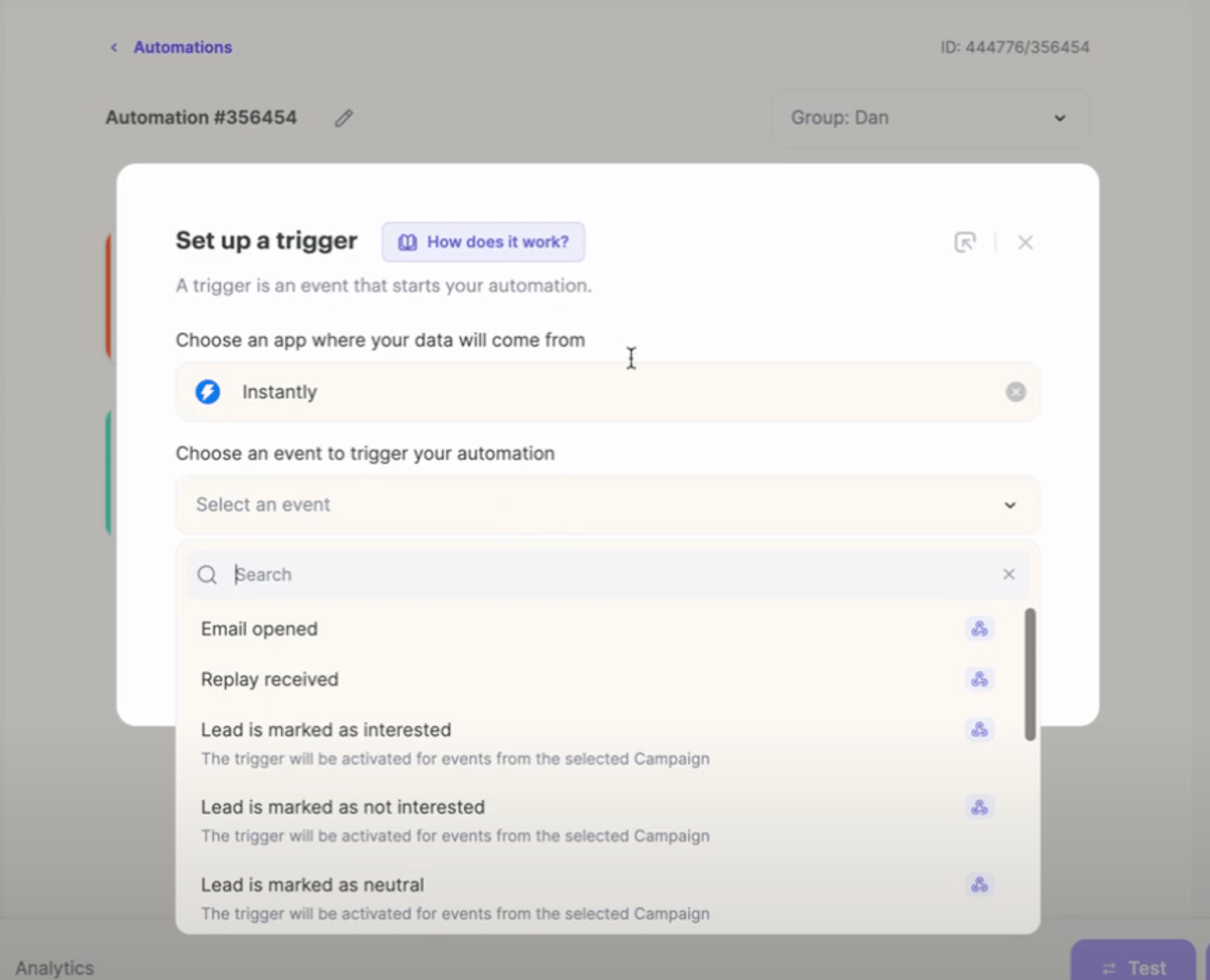 Sendspark Agentic Workflows automation builder showing Instantly trigger and action setup