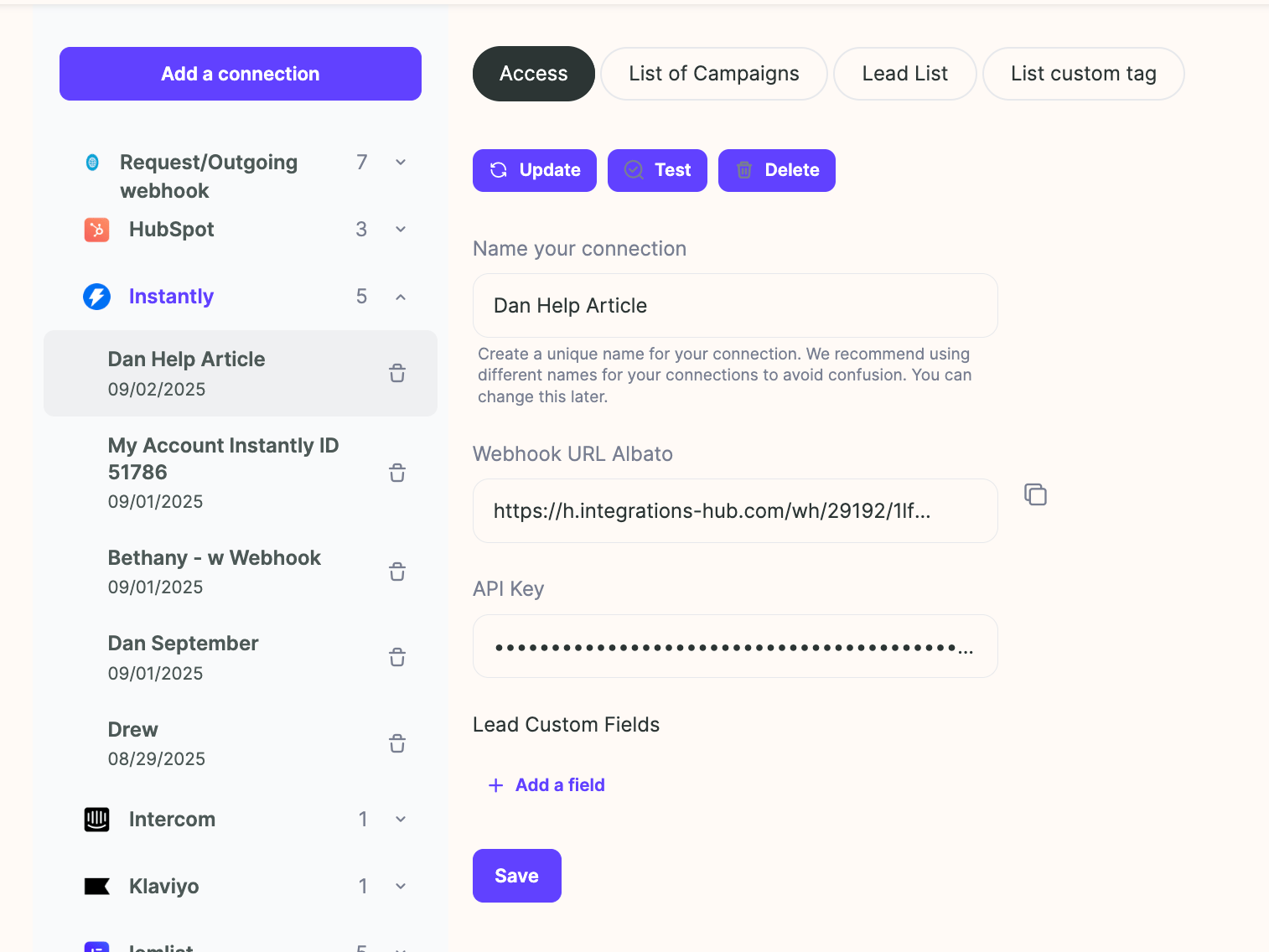 Sendspark Add Connection dialog with Instantly selected and API key input field