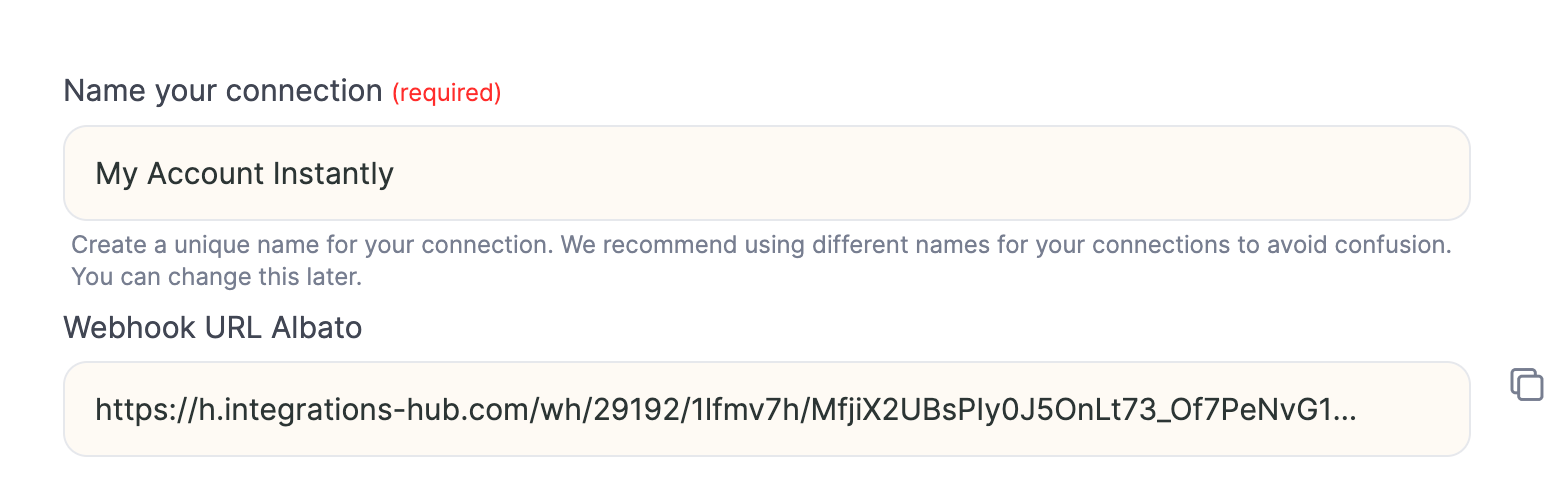 Sendspark Instantly Connection Settings panel with webhook URL highlighted for copying