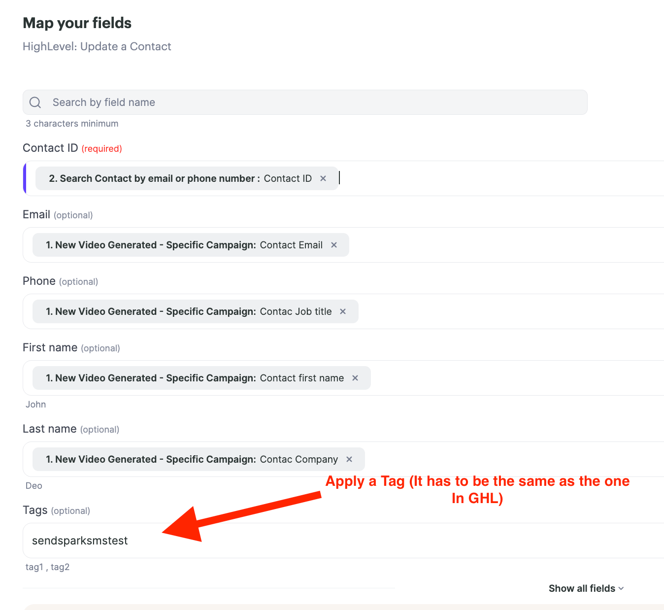 Contact tag configuration interface displaying tag name and automation sequence assignment