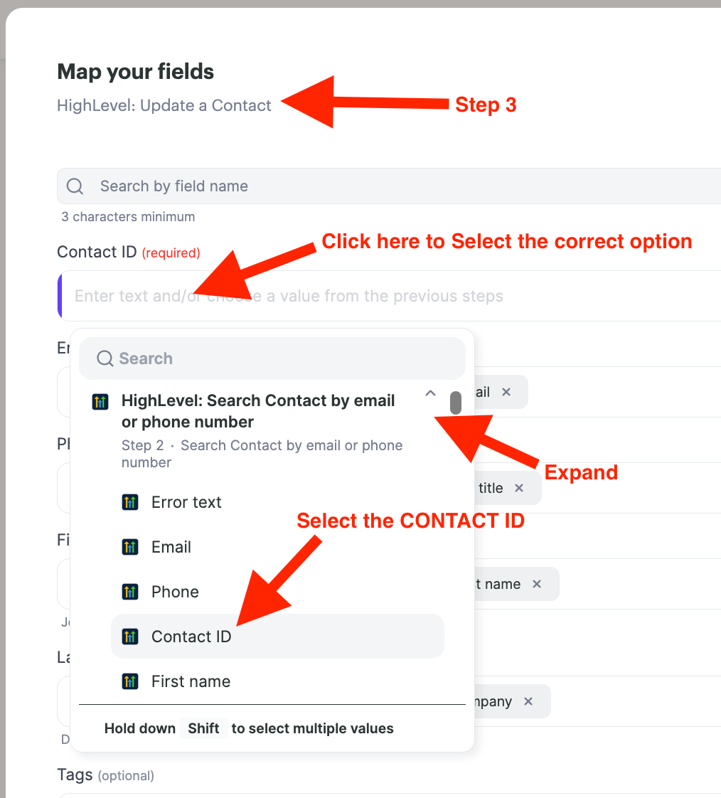 Hubato Update Contact action panel with Contact ID field and tag application settings