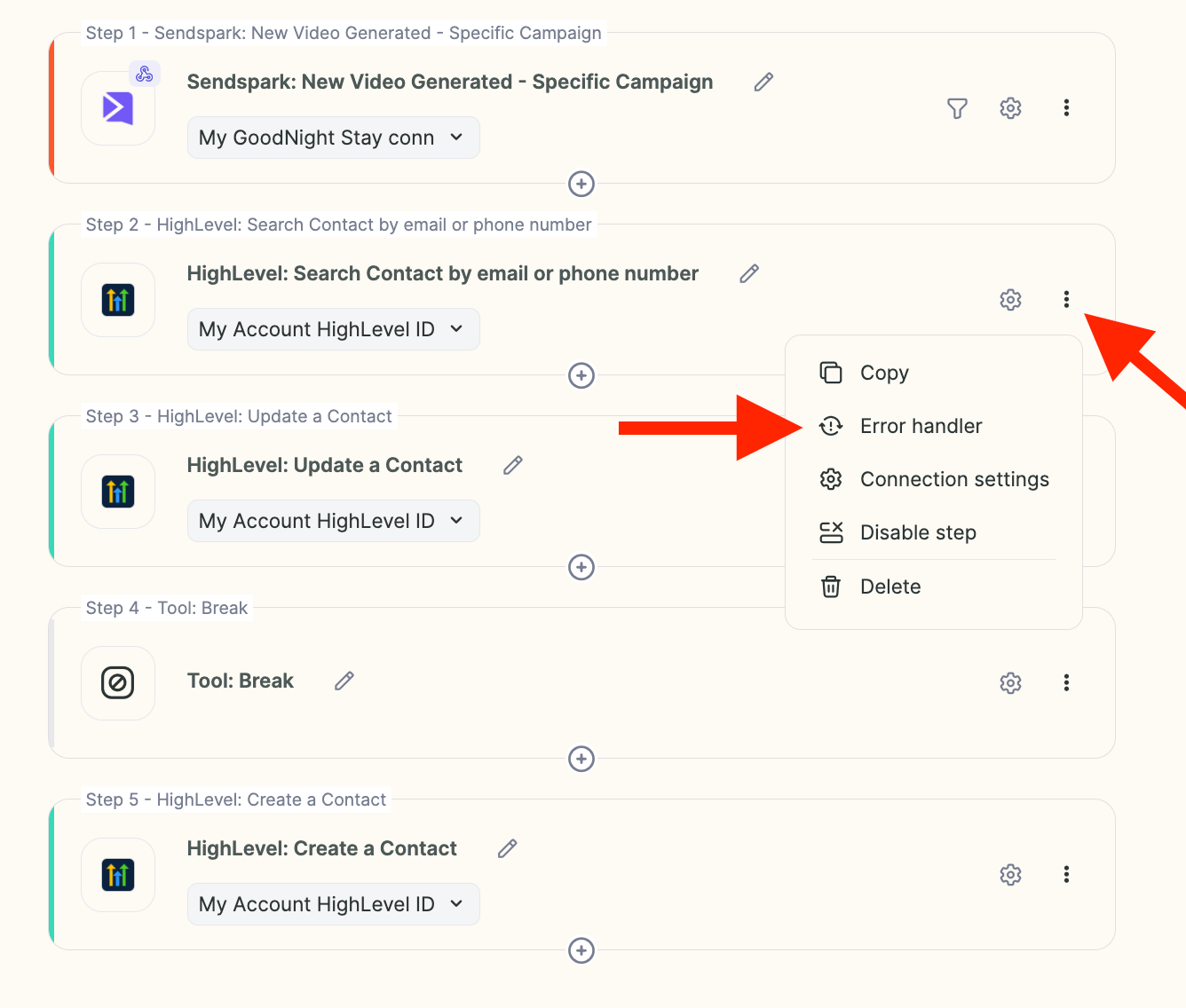 Agentic Workflows diagram showing trigger, search, update, break, and create contact steps