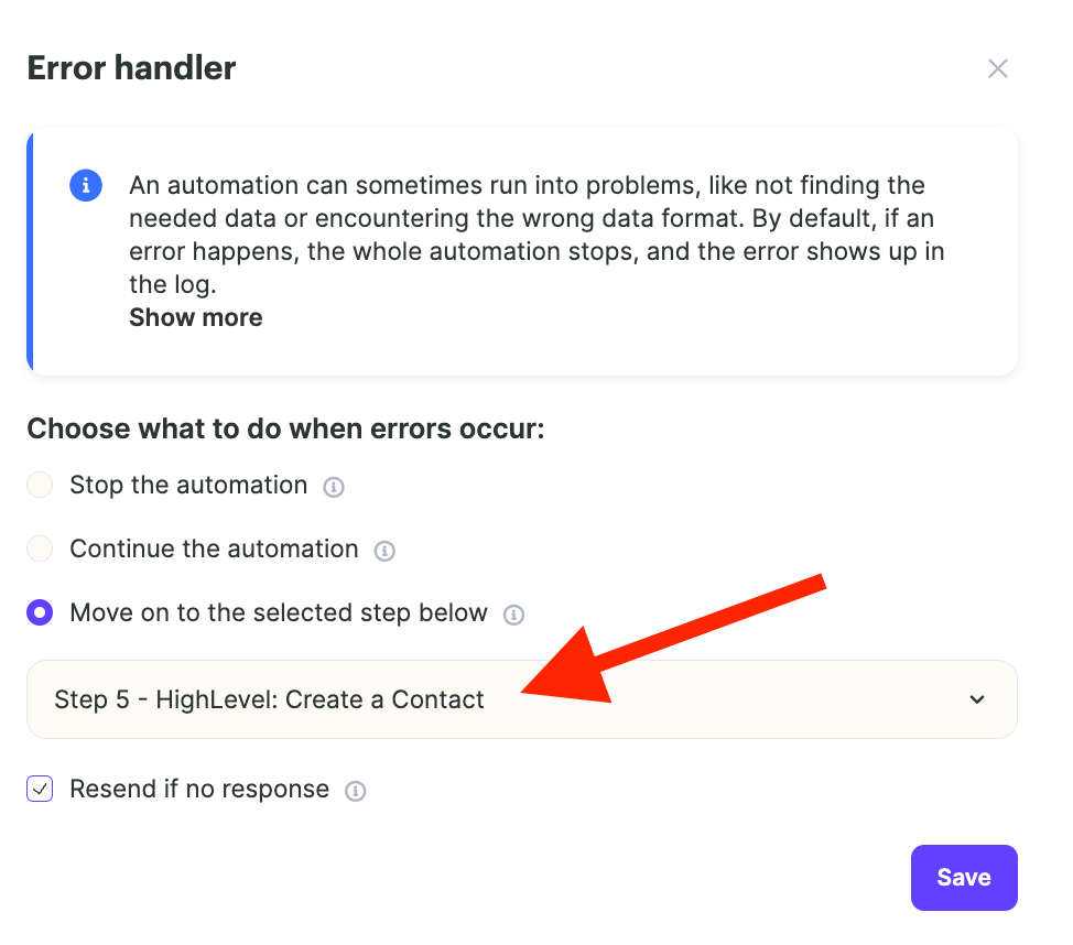 Create Contact action panel in Error Handler showing contact fields and tag application