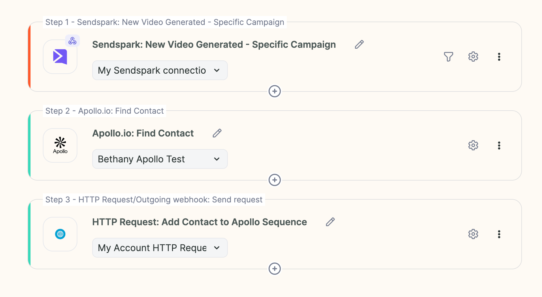 Sendspark automation workflow diagram showing trigger and action steps