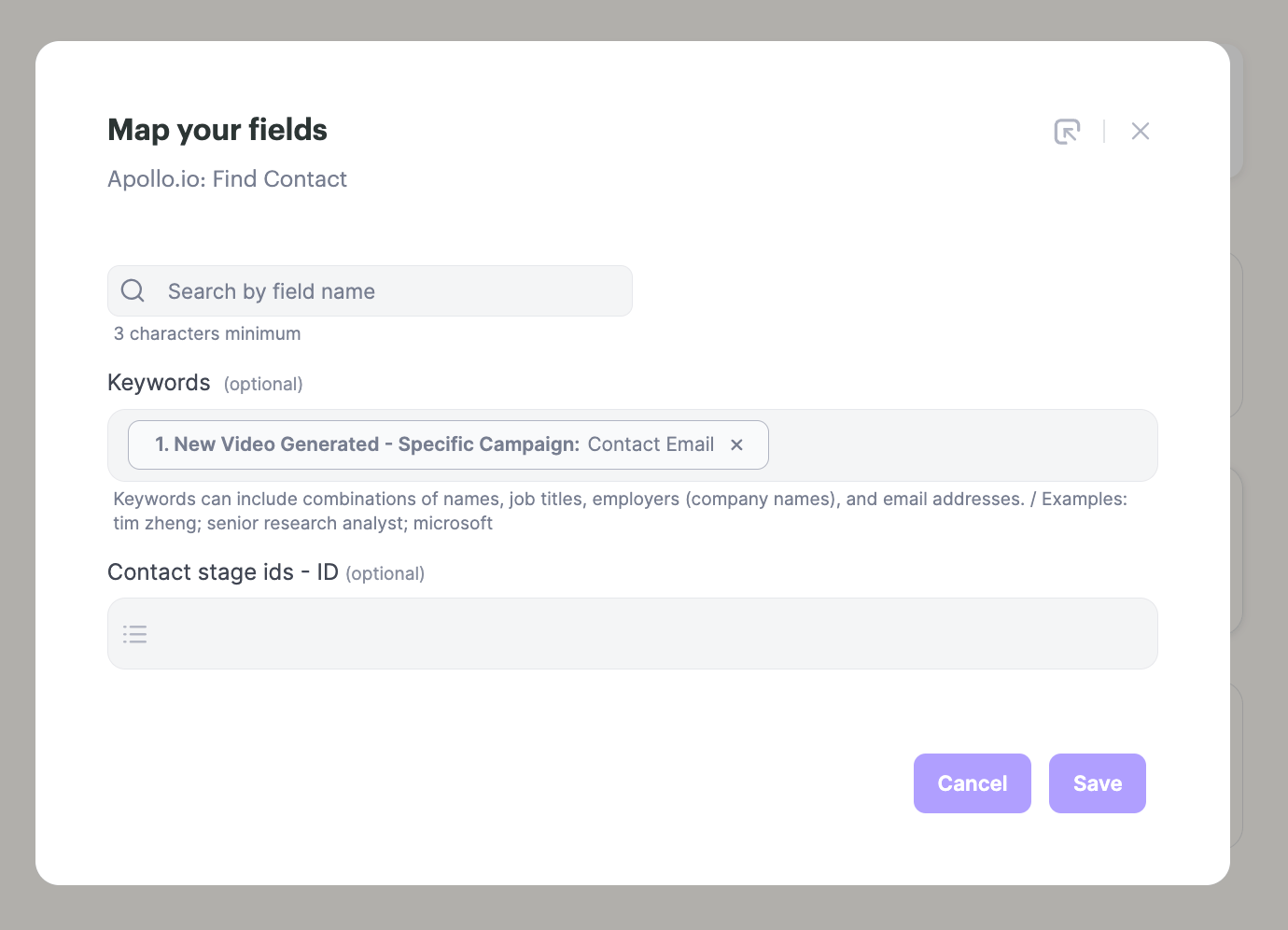 Sendspark automation step showing Apollo Find Contact with email parameter
