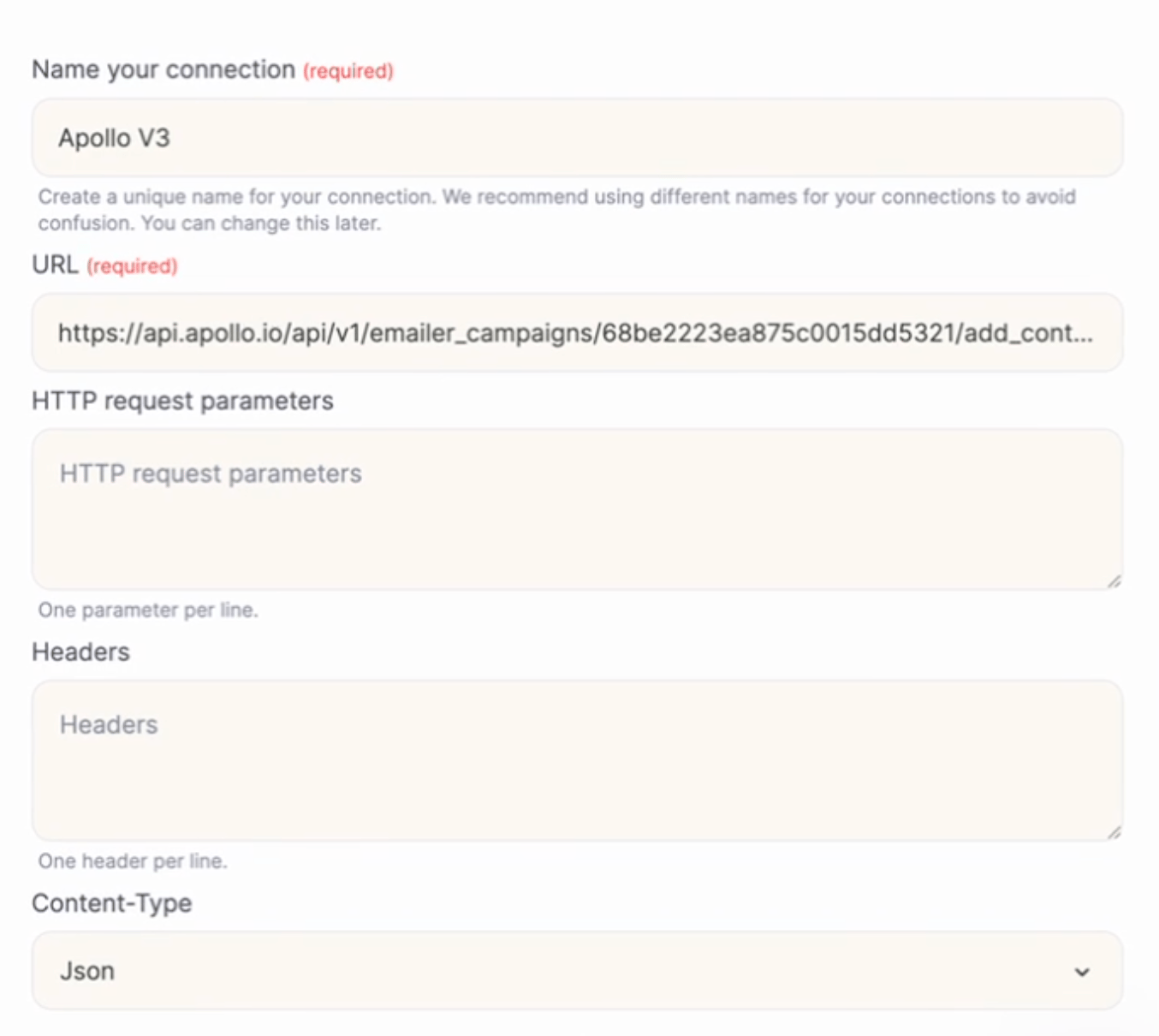 Sendspark HTTP request configuration set to JSON format
