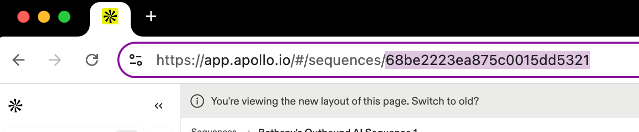 Apollo sequence URL bar showing campaign ID in the address