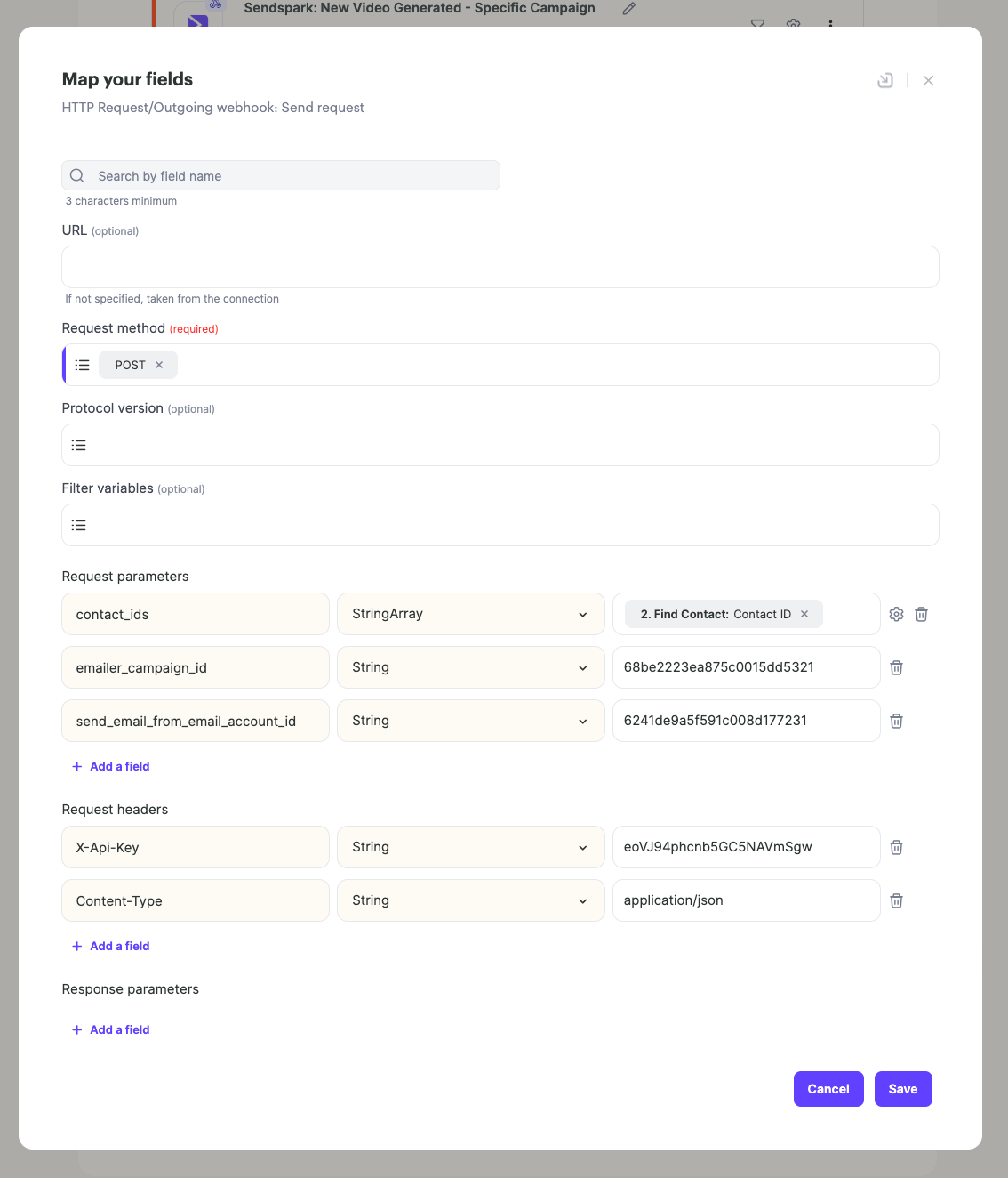 Sendspark webhook request parameters filled with contact IDs and campaign details