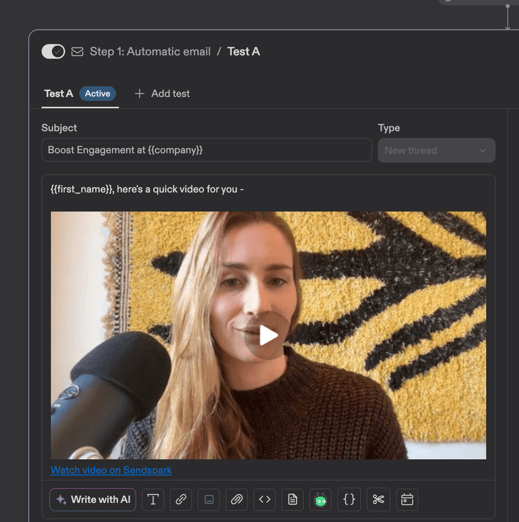 Apollo sequence email editor with Sendspark video placeholder code pasted