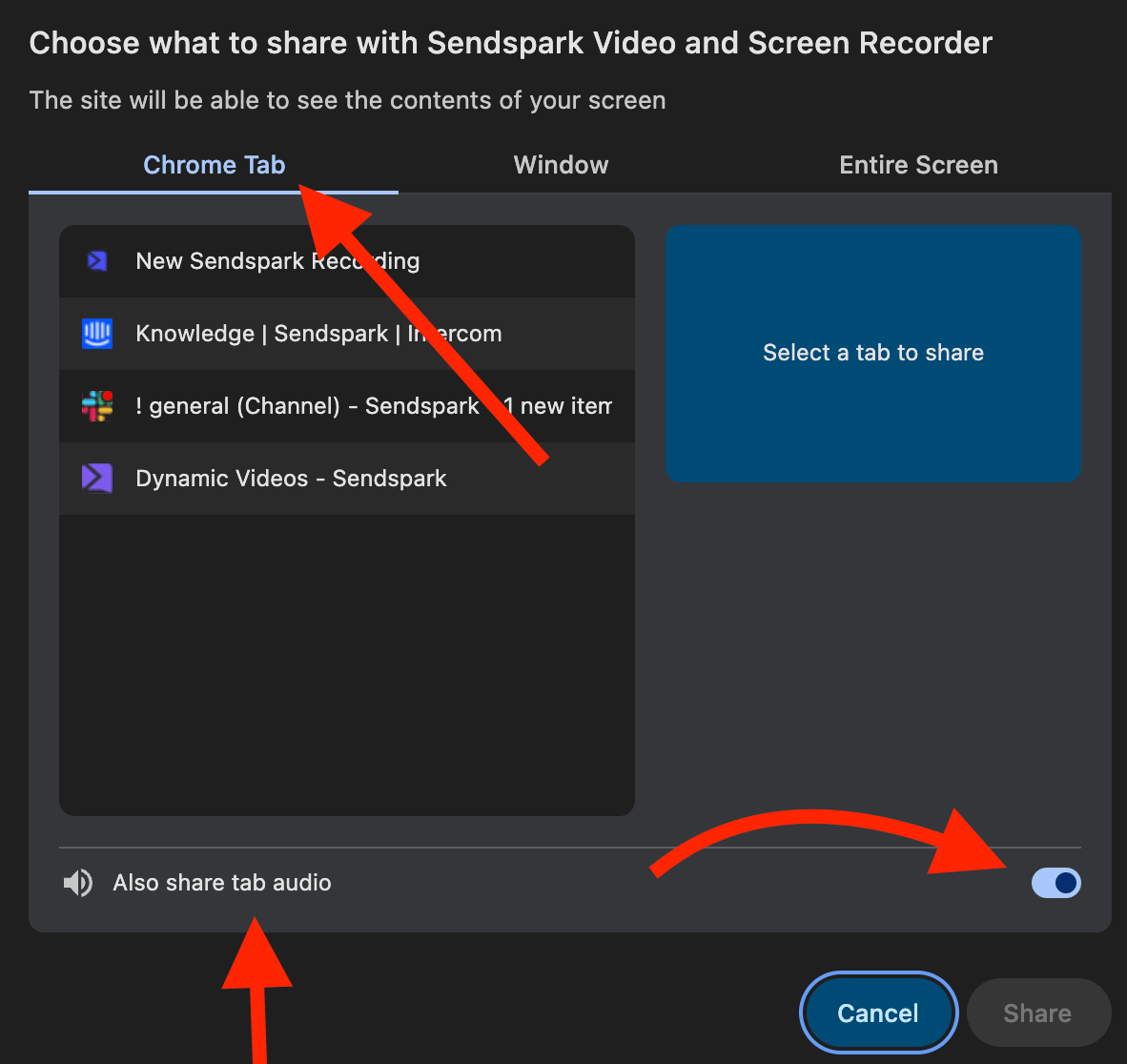 Sendspark Chrome Extension Record Tab dialog with Share Tab Audio checkbox option