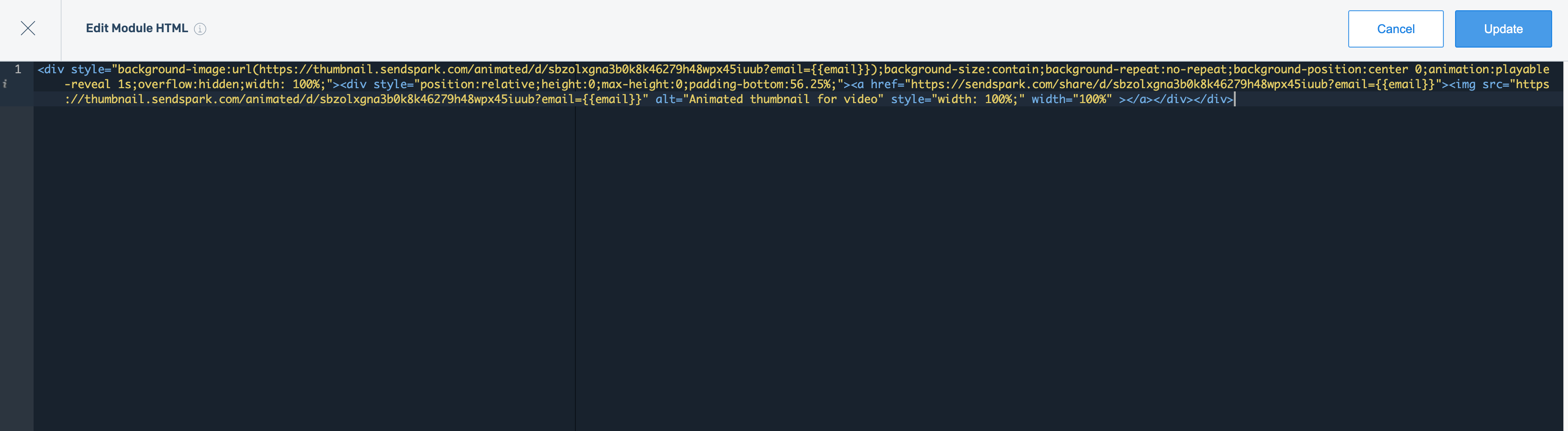 SendGrid code editor with Sendspark video code pasted and Update button