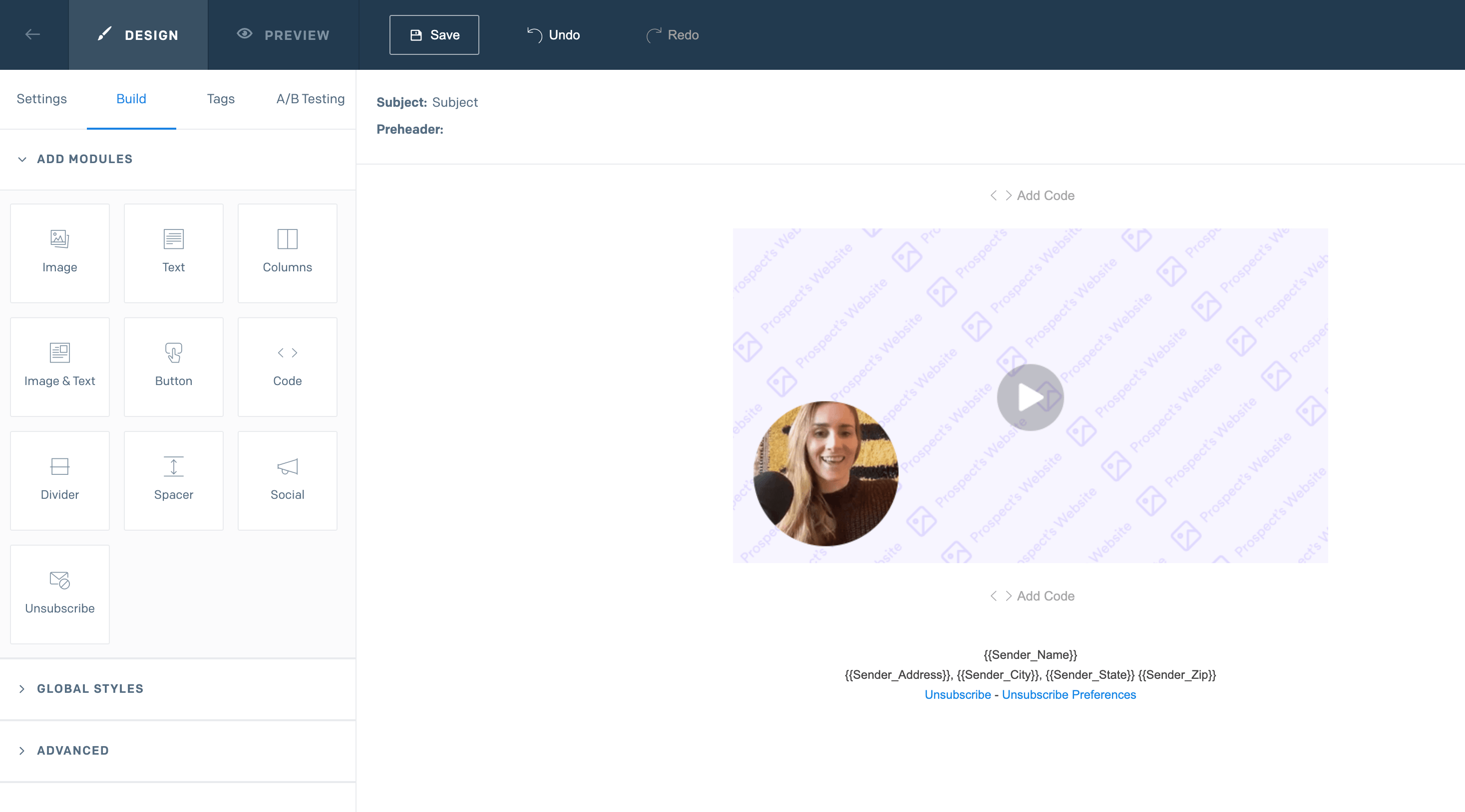SendGrid email preview showing dynamic video placeholder ready for campaign launch