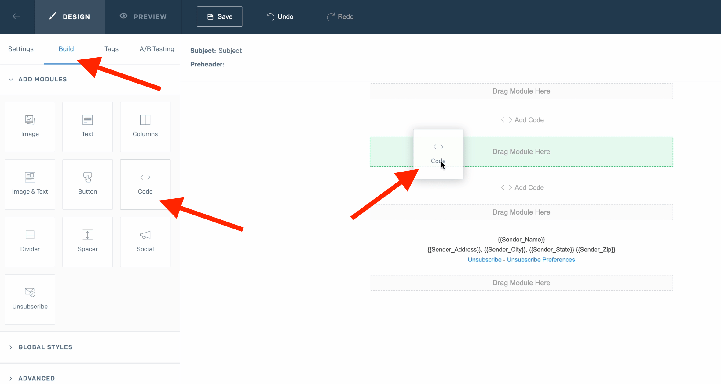 SendGrid email builder showing BUILD menu and CODE module selection
