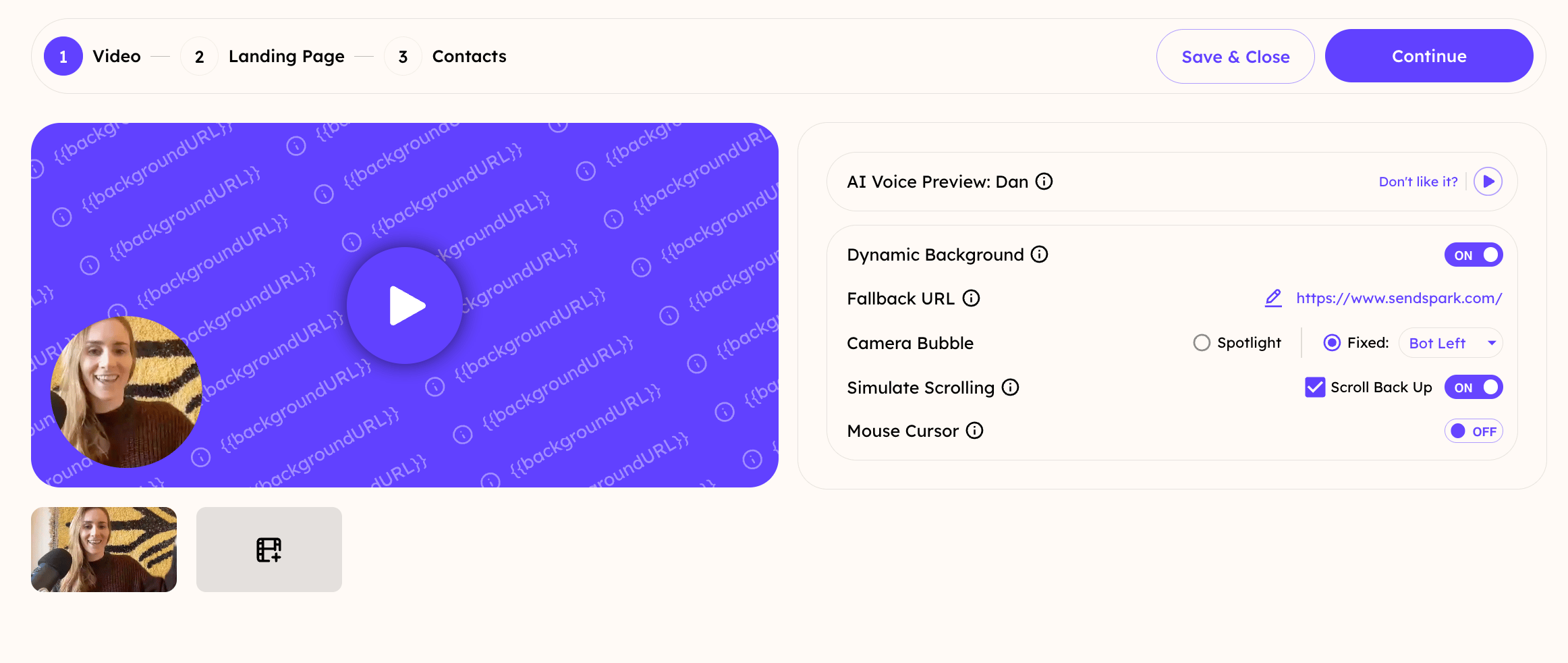 Dynamic video editor interface showing AI voice cloning and website scrolling options