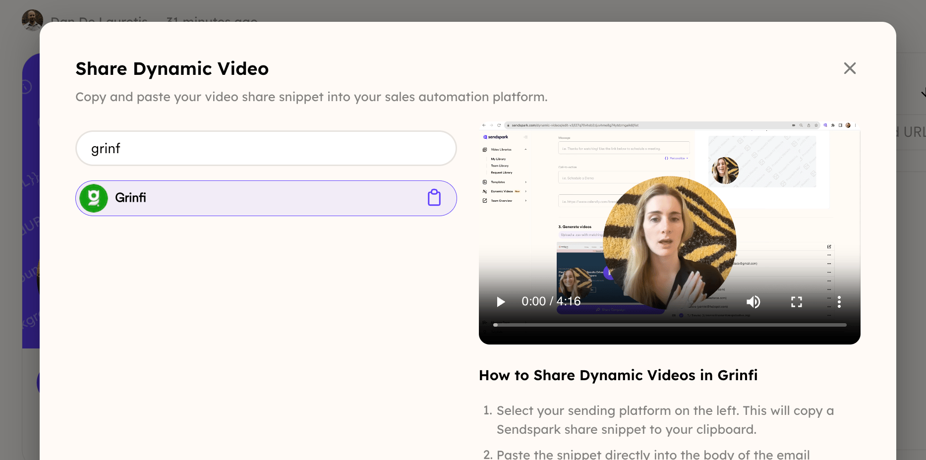 Share Campaign dialog with Grinfi selected and snippet code ready to copy