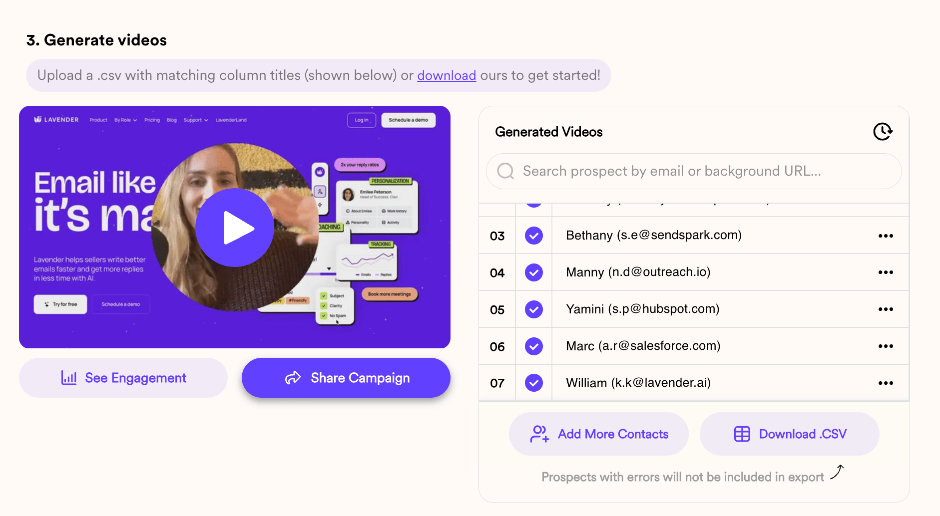 Dynamic video campaign list showing generated personalized videos for contacts