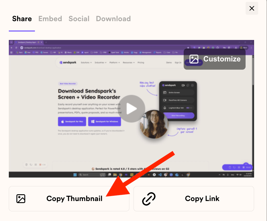 Chrome extension menu displaying video insertion and thumbnail copy options for Gmail
