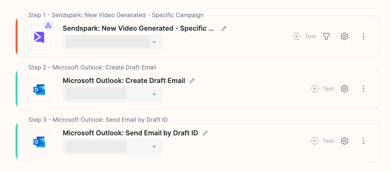 Sendspark workflow automation interface showing trigger and action setup options