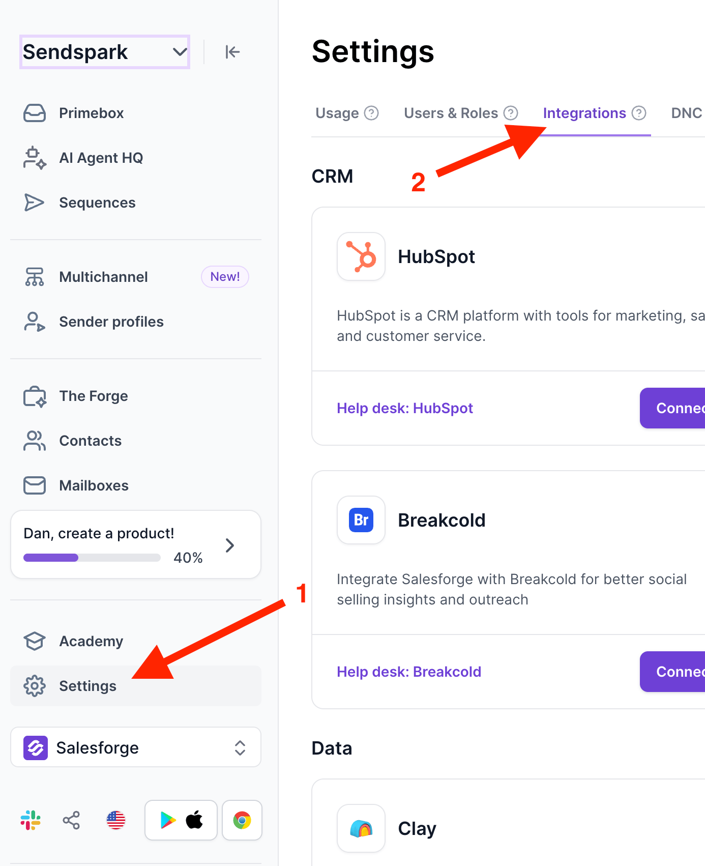 Salesforge settings menu with Integrations option highlighted