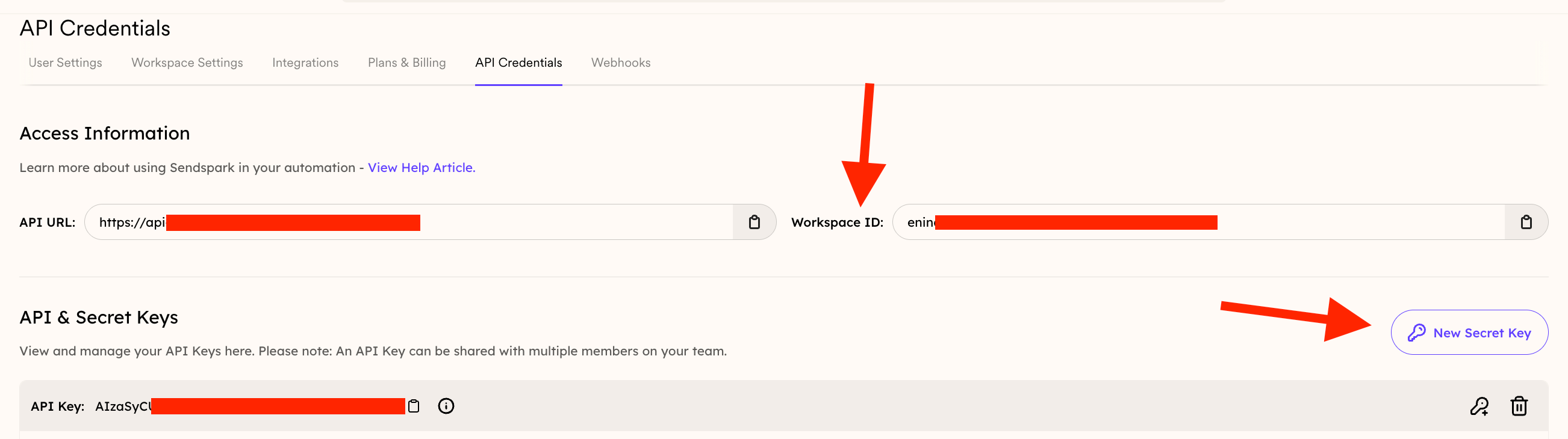 Sendspark API Credentials section showing keys and Workspace ID