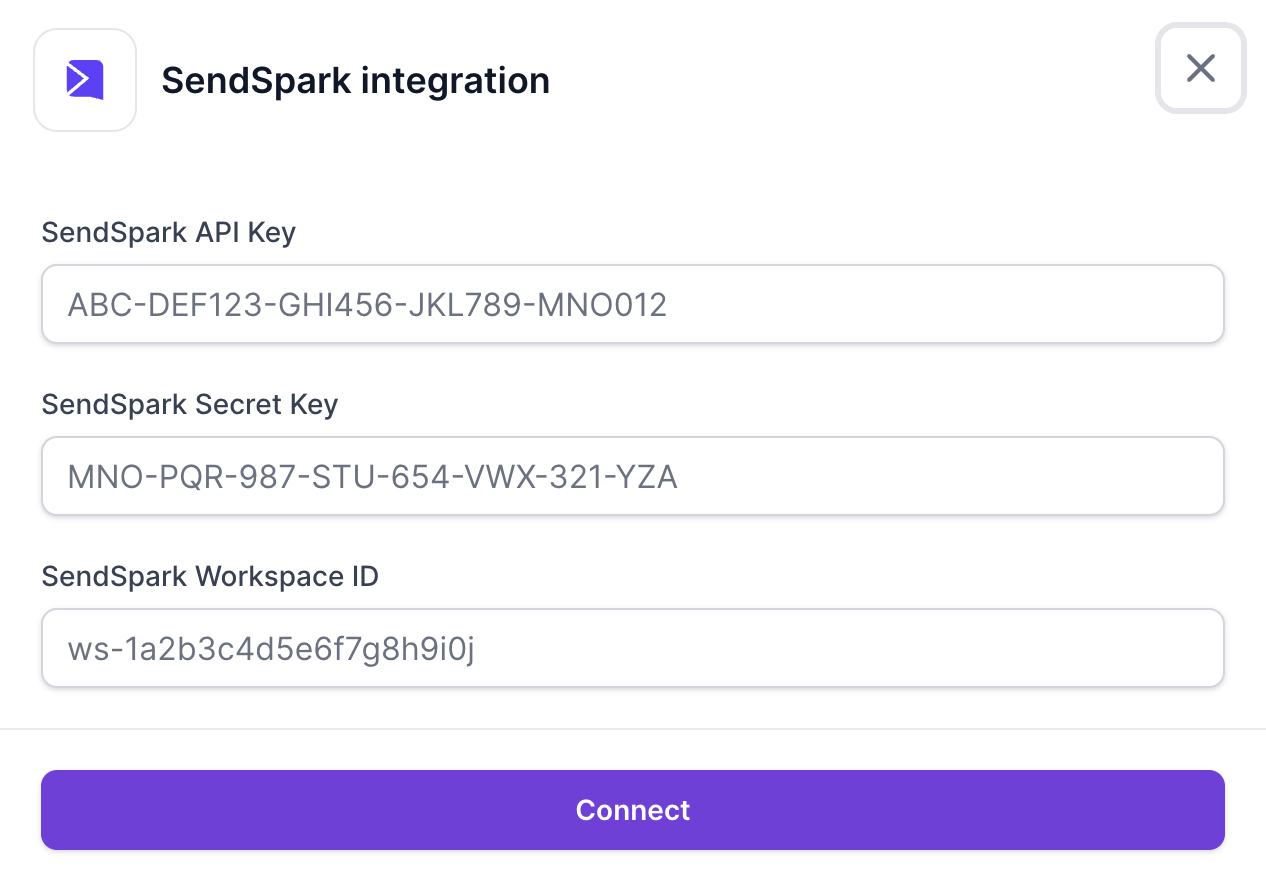 Sendspark connection form requesting API key, secret key, and Workspace ID