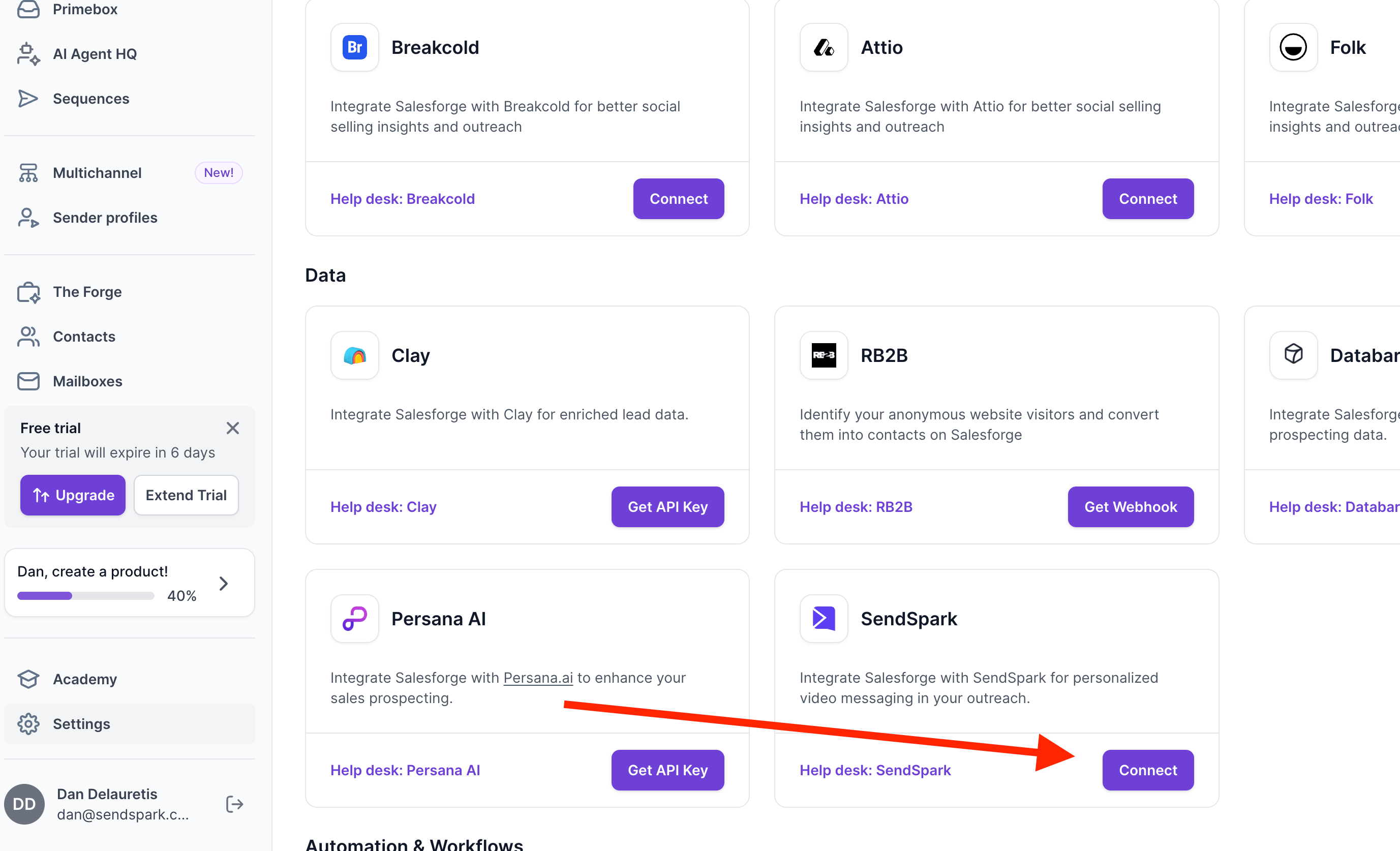 Sendspark integration in Salesforge with Connect button visible
