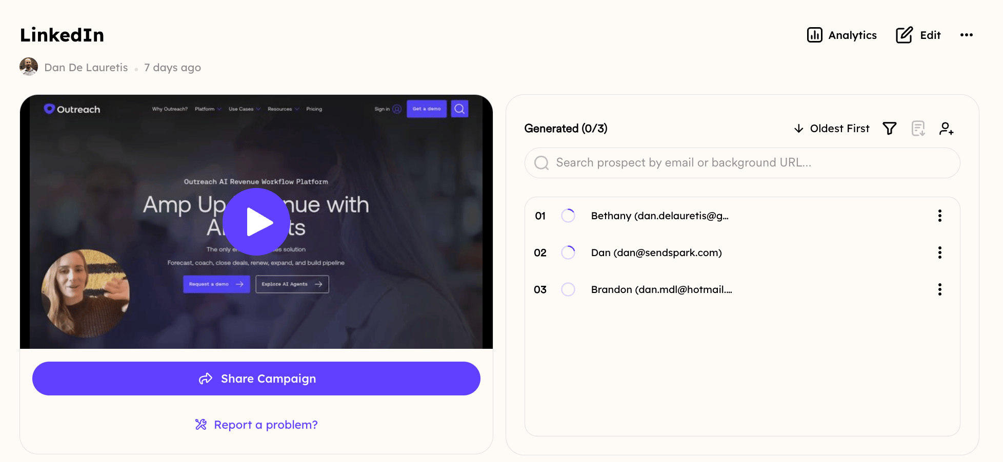 Sendspark dynamic video campaign showing videos in generation process
