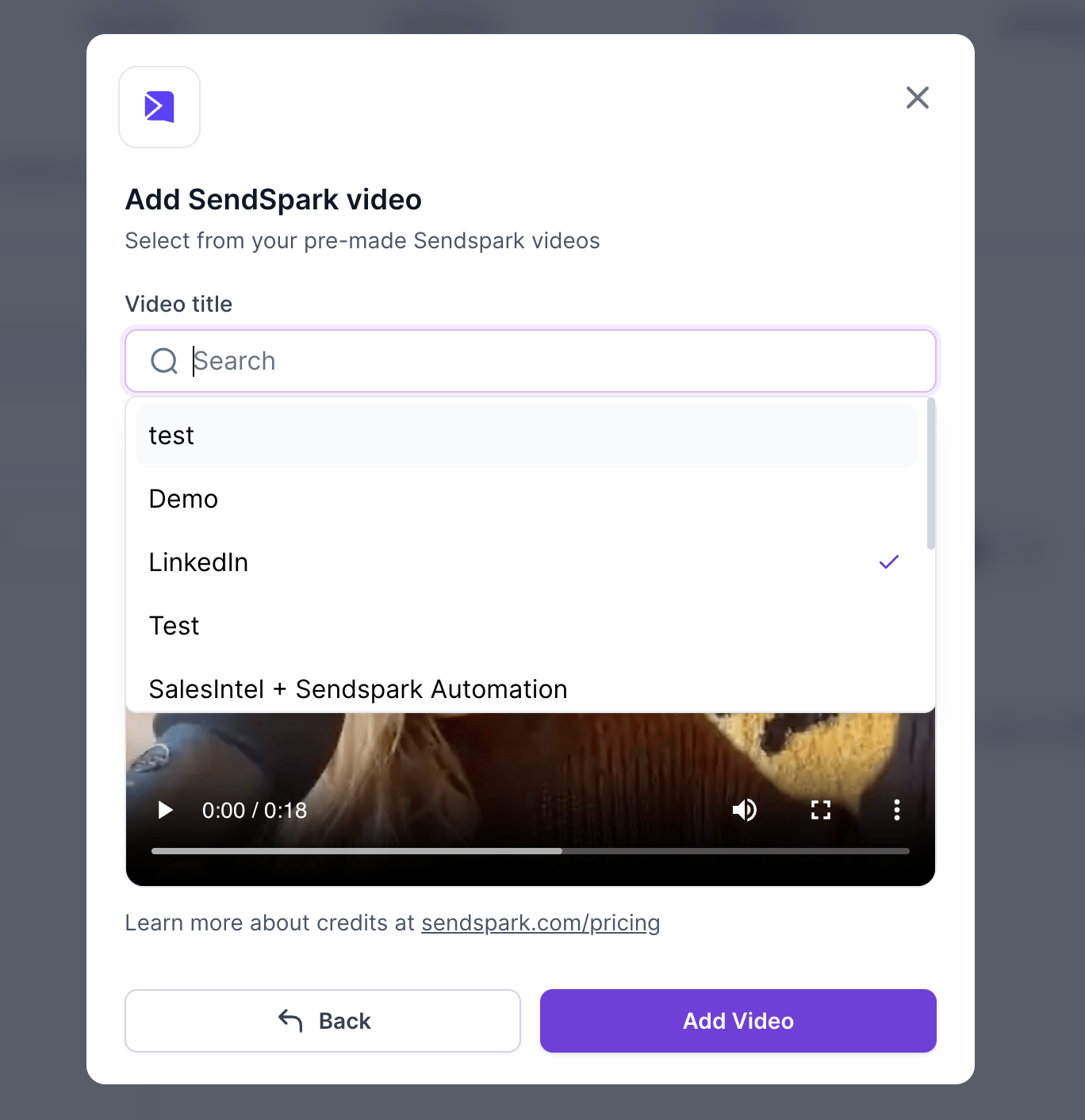 Dropdown menu displaying list of dynamic video campaigns by name
