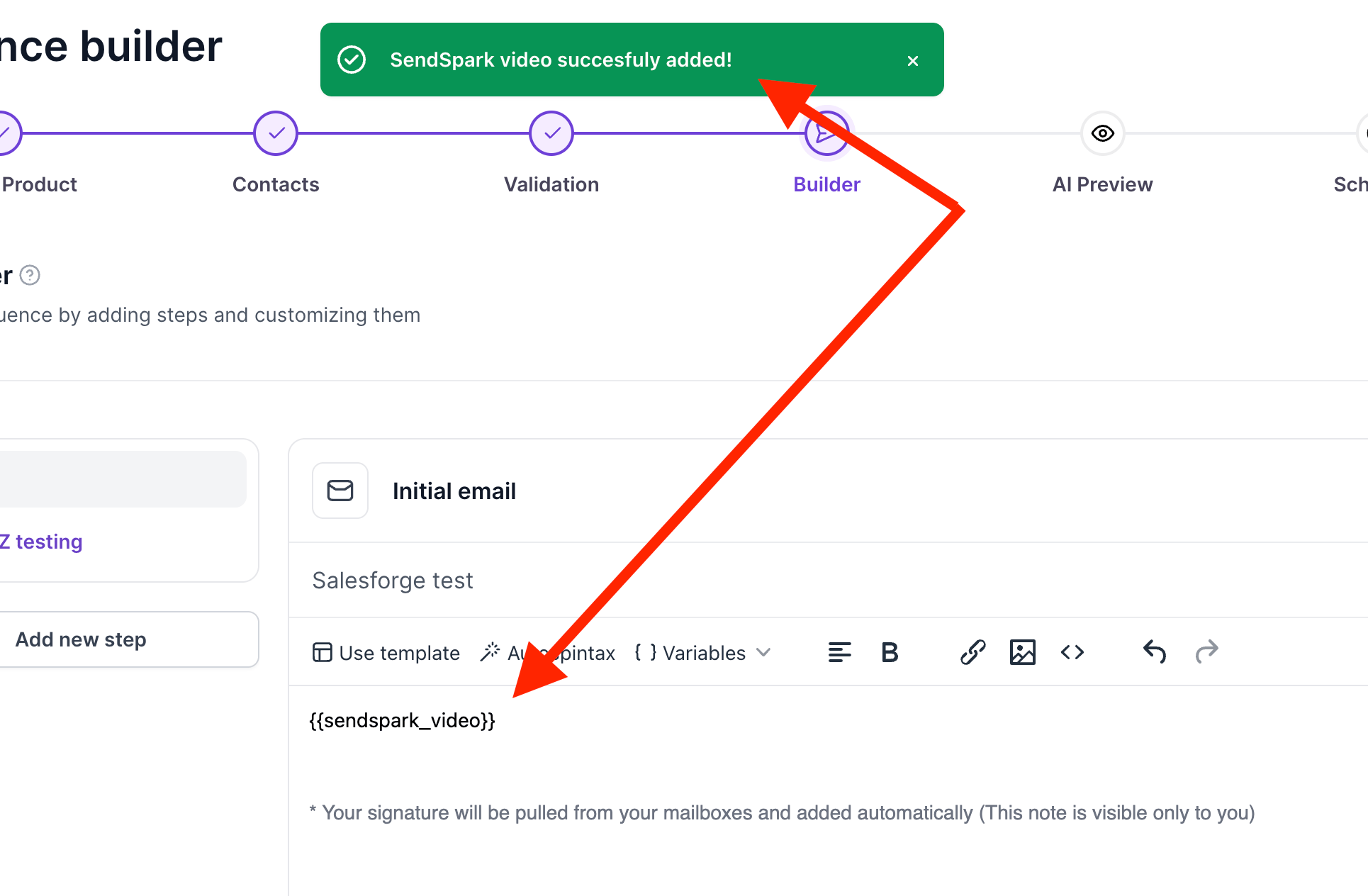 Confirmation message showing video added with sendspark_video variable