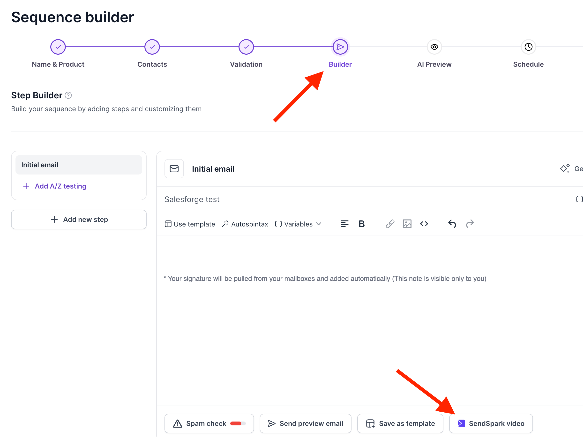 Salesforge sequence builder page with Sendspark button at bottom