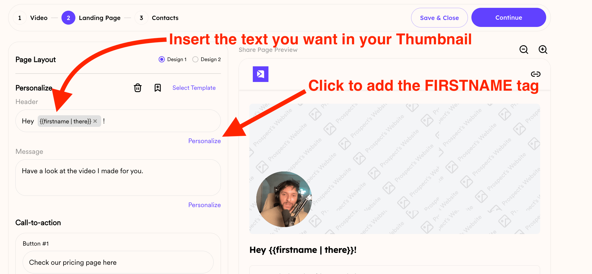 Landing page header field in dynamic campaign video creation interface