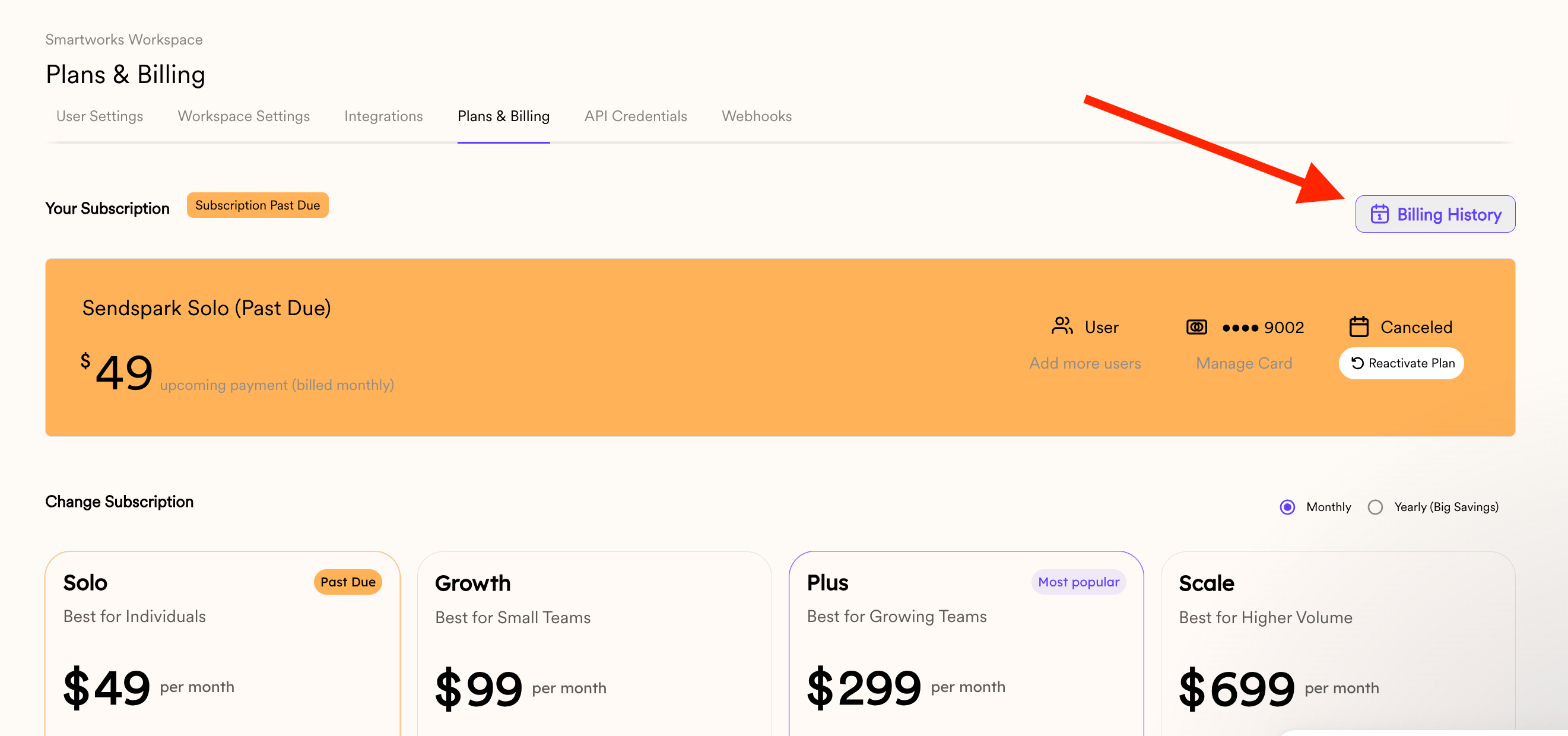 Sendspark billing history page showing list of past charges