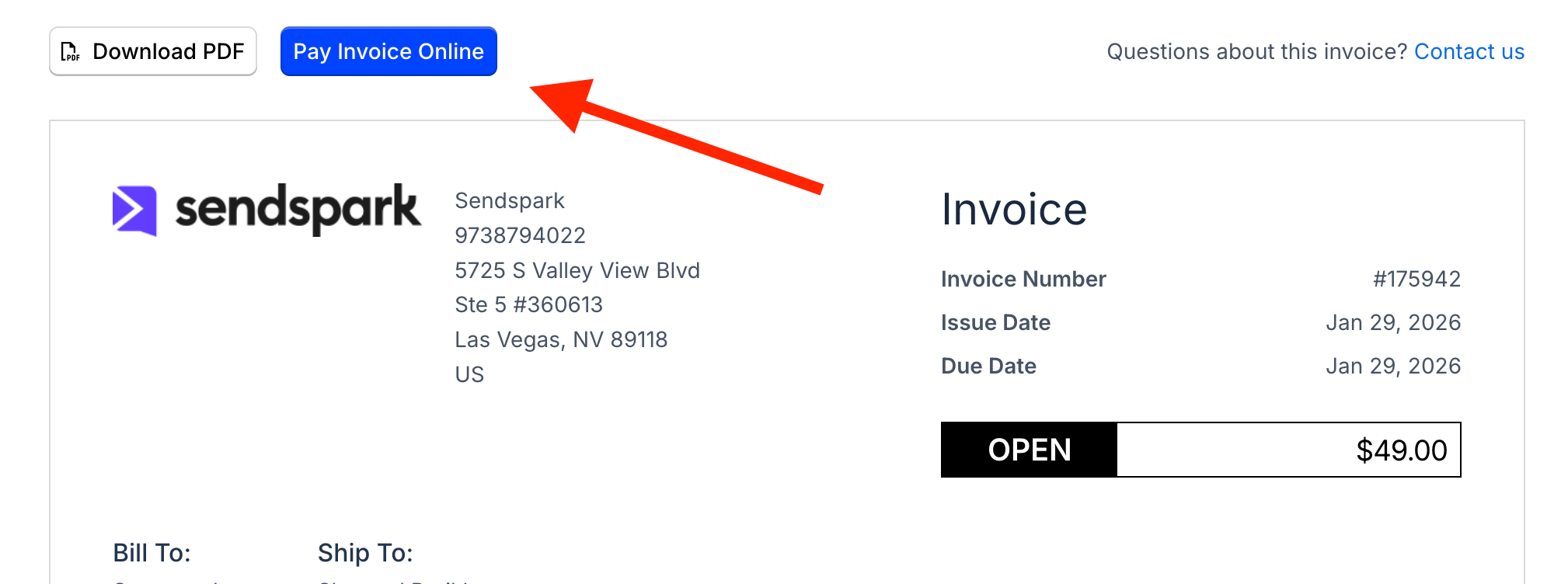 Invoice details page with Pay Invoice Online button displayed