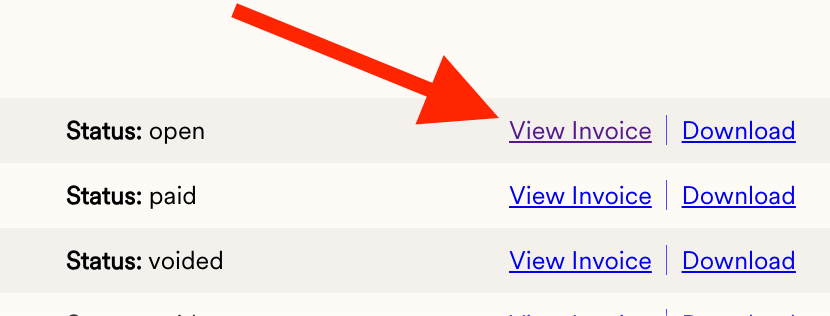 Billing history table with View Invoice button for unpaid invoice