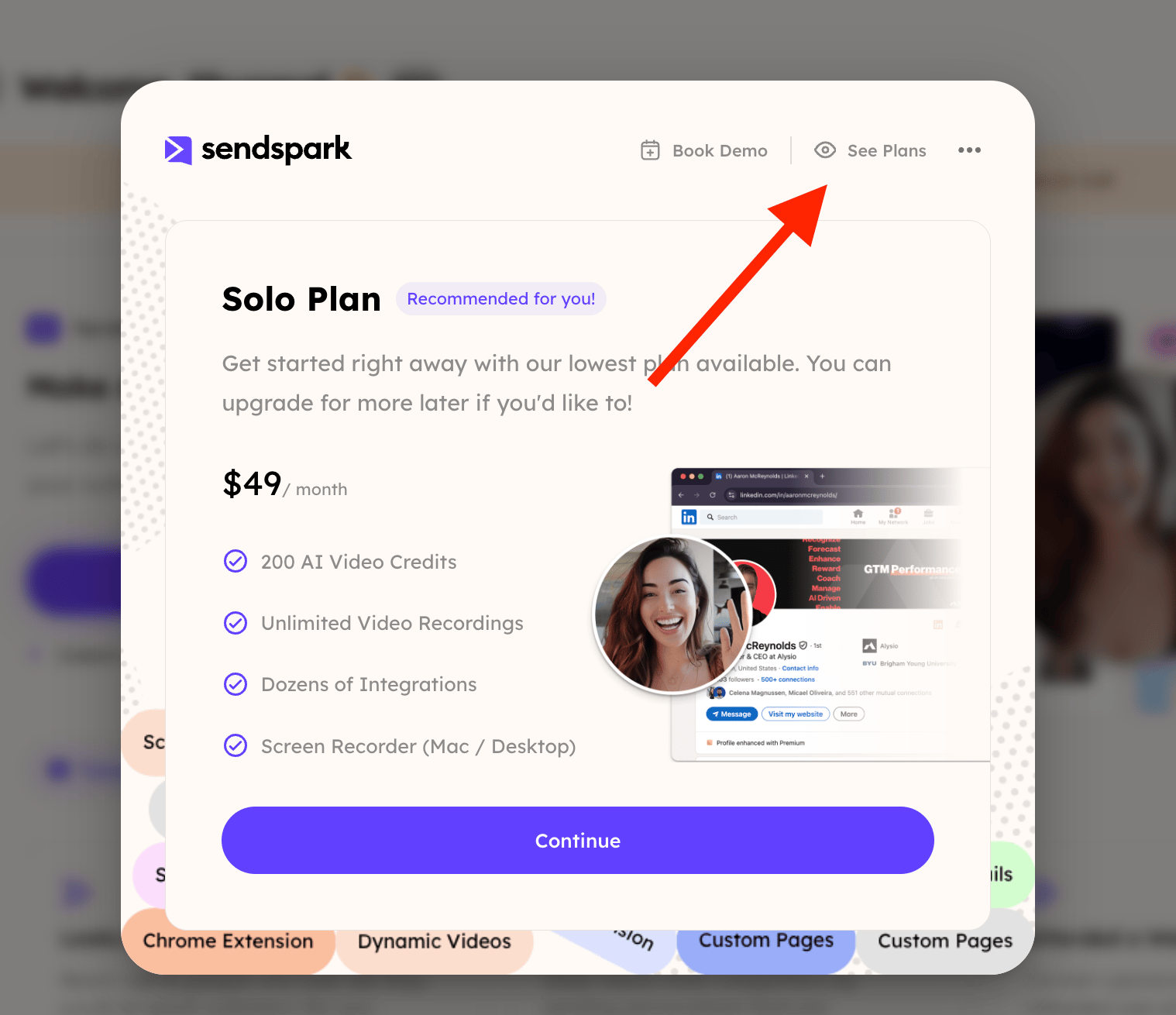 Sendspark account menu with See Plans option highlighted