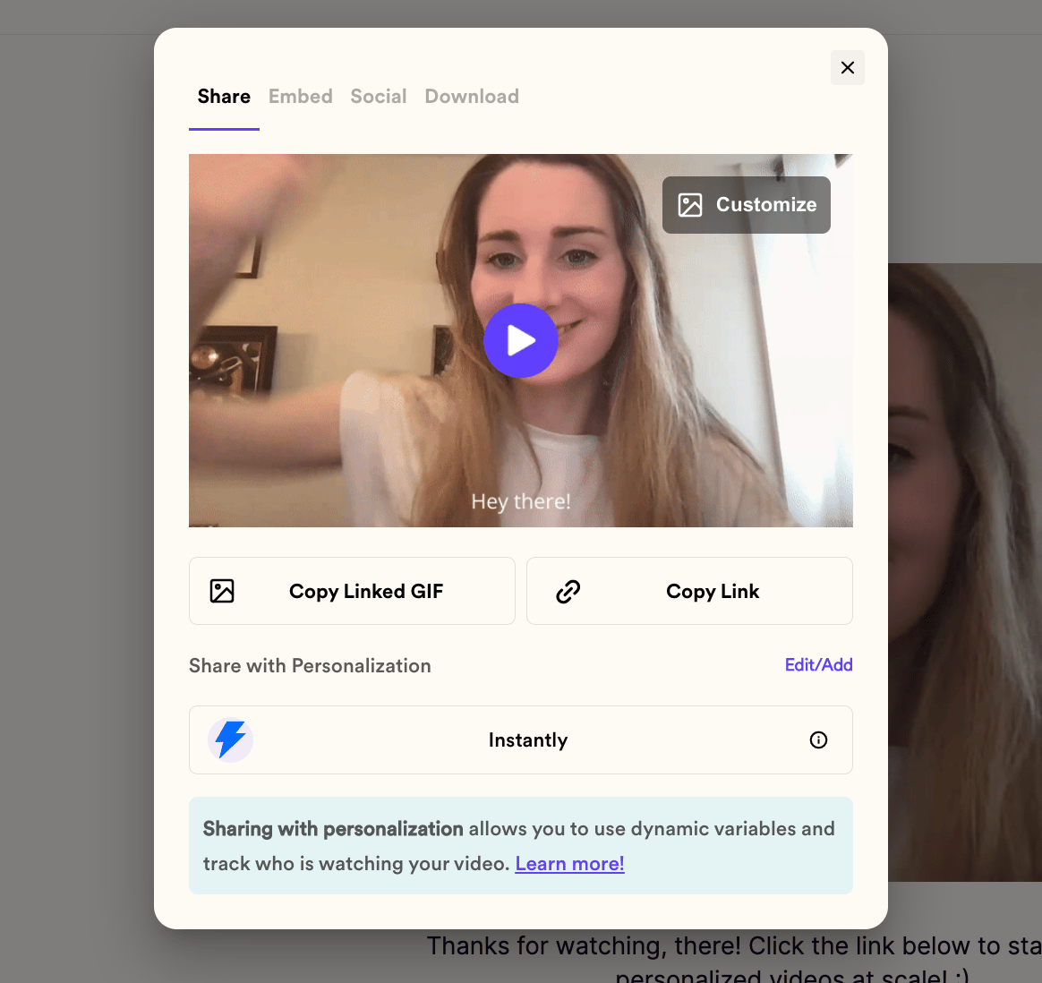 Copy video share snippet for Instantly