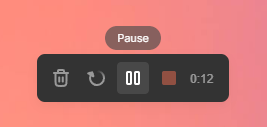Sendspark recording toolbar displaying pause, restart, and delete video controls